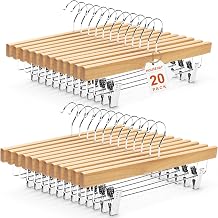 HOUSE DAY Wooden Pants Hangers with Clips, Solid Lotus Deluxe Wood Skirt Hangers, Heavy Duty & Anti-Rust Hook for Wrinkle-Free Slacks, Skirts, Jeans, Space Saving for Closet 20 Pack Natural