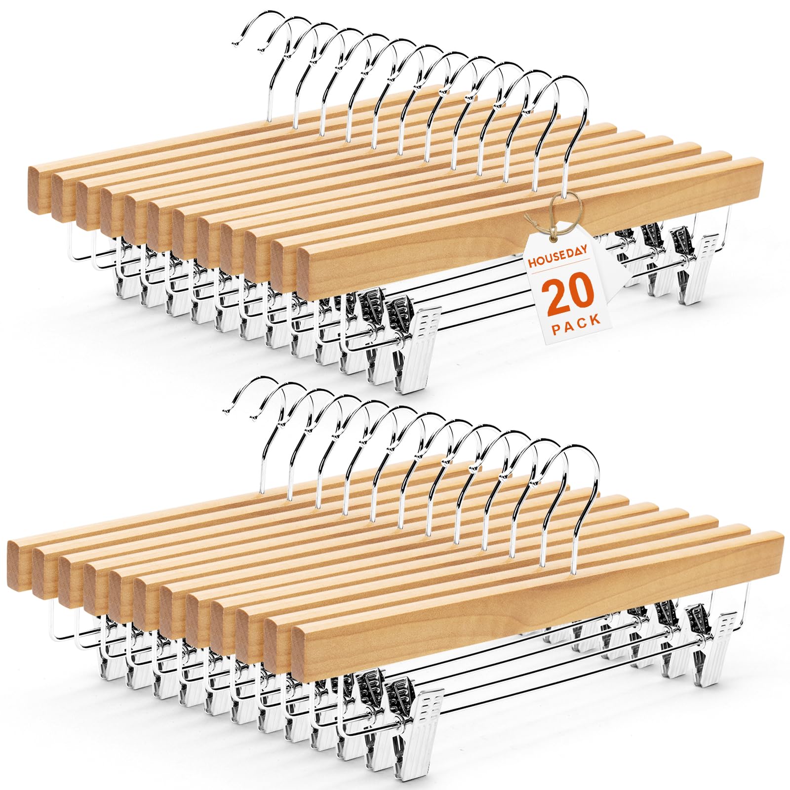 HOUSE DAY Hosenbügel aus Holz mit rutschfesten Clips, solide Lotus-Deluxe-Holz-Kleiderbügel, robuste und rostfreie Haken für faltenfreie Hosen, Röcke, Jeans, platzsparend, für Schrank, 20 Stück