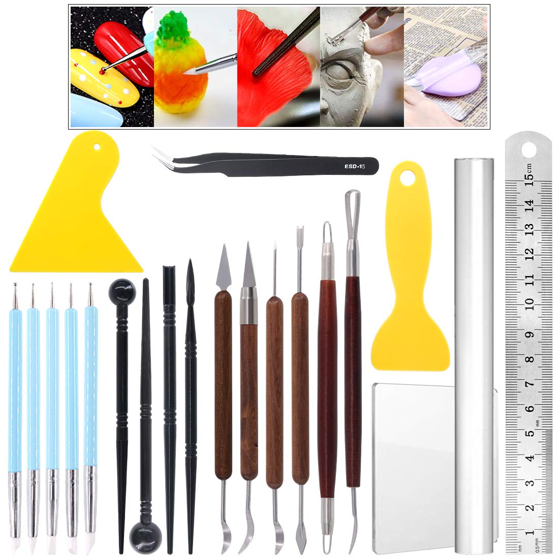 Glarks 21Pcs Carving Modeling Clay Sculpting Tool Set Including Pottery Sculpture Tool, Silicone Tip Pen, Dual-End Dotting Clay Tool, Scraper, Tweezers, Ruler, Acrylic Clay Roller, Acrylic Sheet