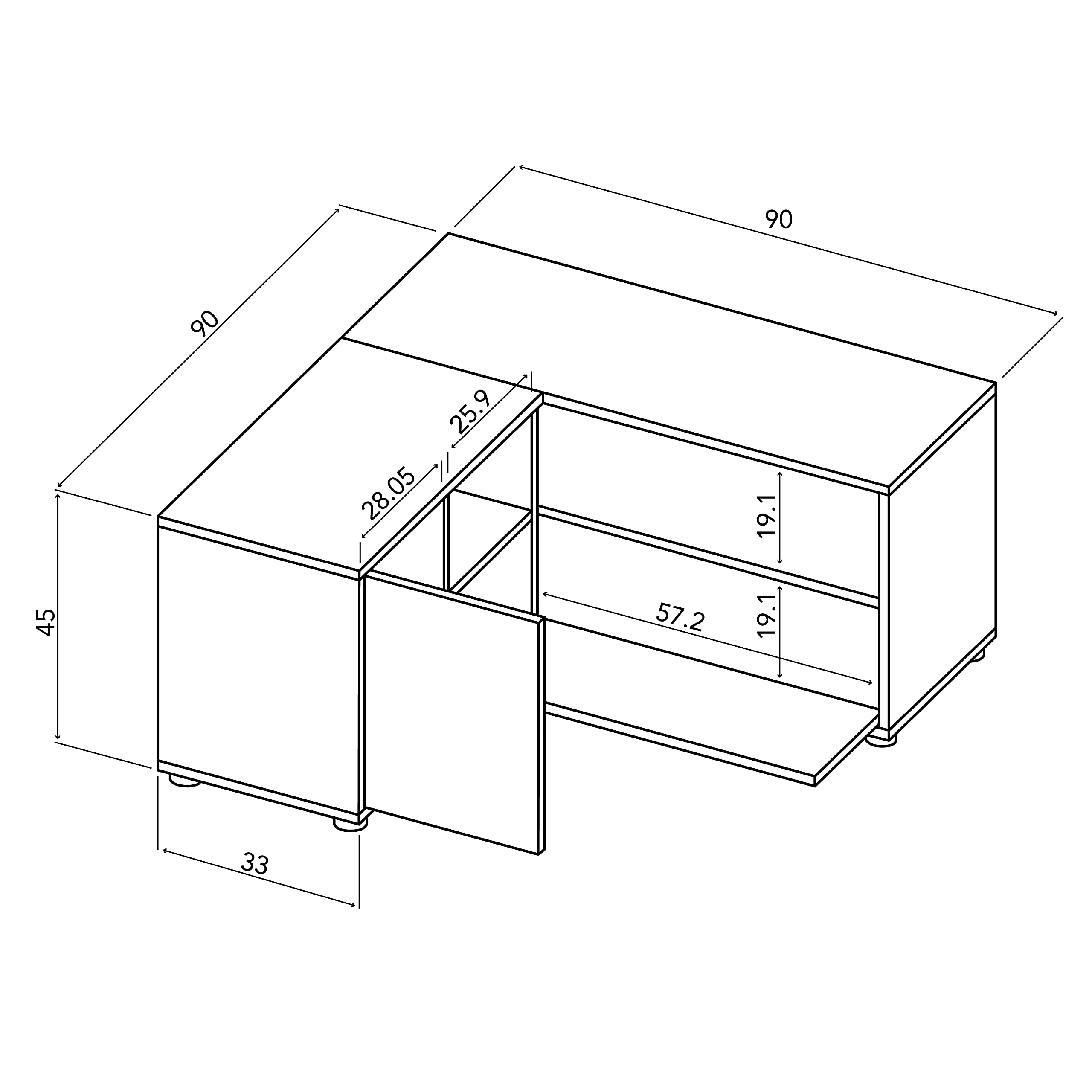 Symbiosis Angle, tavolino porta tv angolare, bianco e rovere naturale, 90x90x45 cm