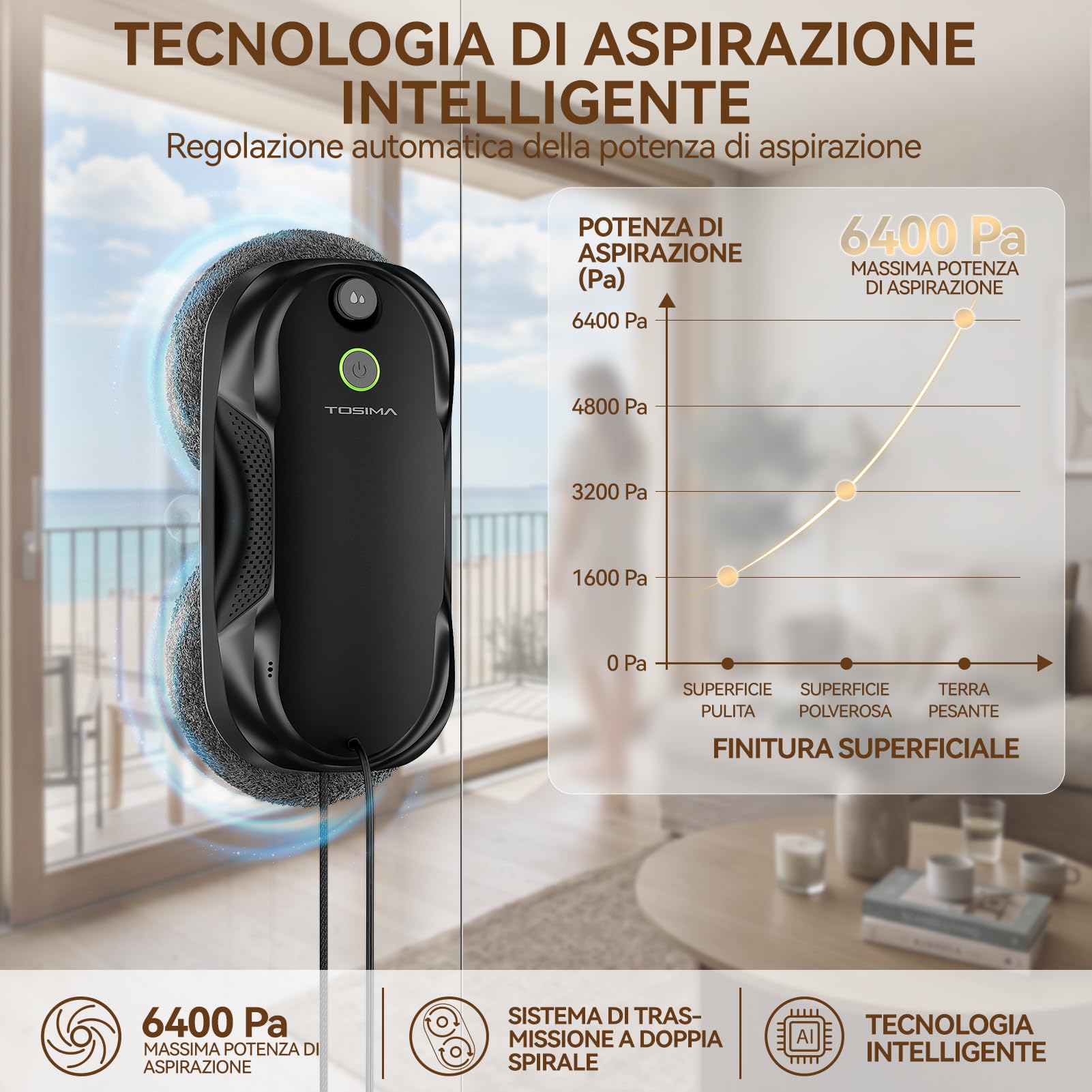 Tosima W5 Robot Lavavetri 6400Pa, Lavavetri Elettrico per Finestre con Spruzzo Bidirezionale, Aspirazione Adattiva, Navigazione Intelligente, Rilevamento Bordi, Sistema Anti-Caduta, Nero