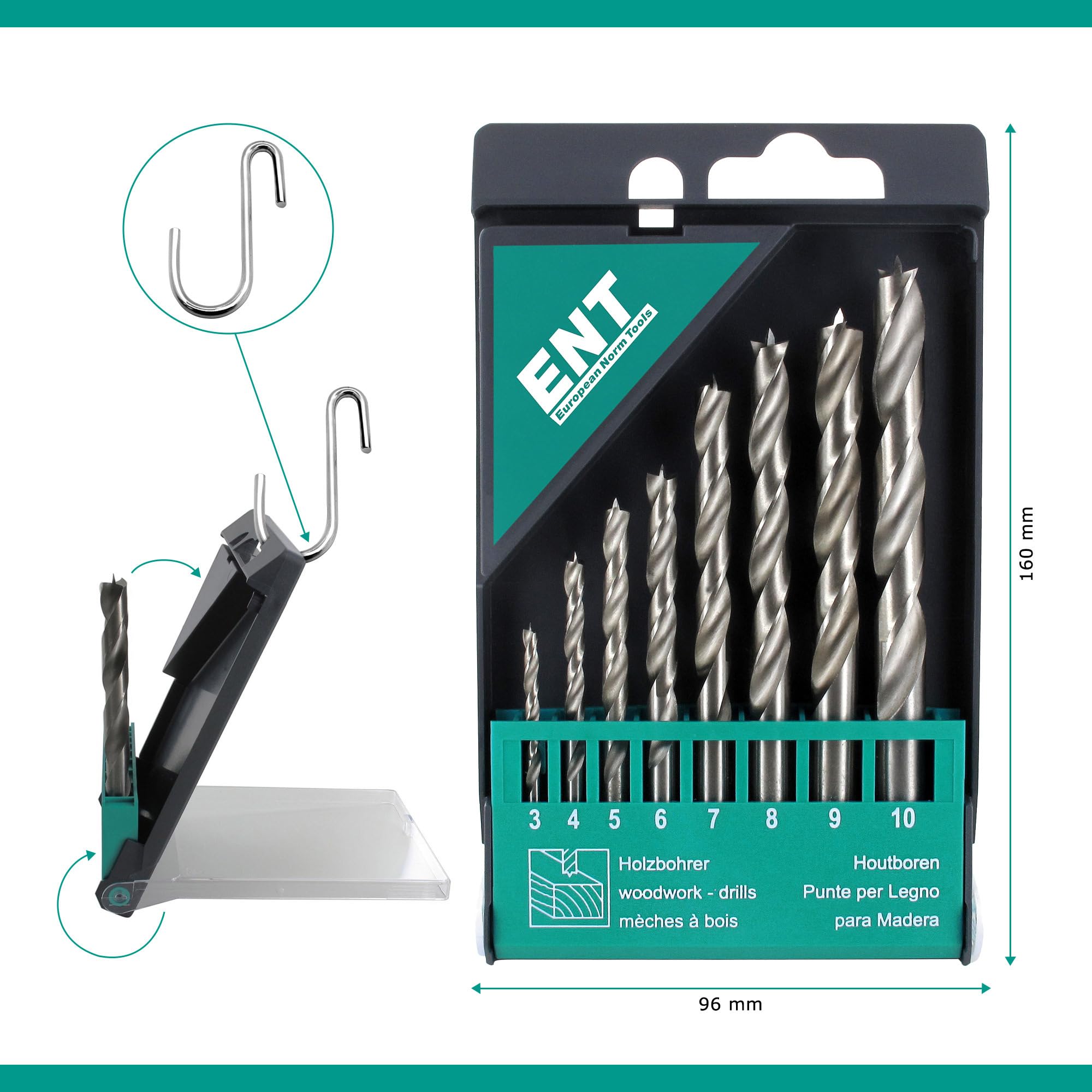 ENT 09248 Juego de 8 brocas para madera HSS-G - 3-10 mm - brocas helicoidales afiladas en HSS