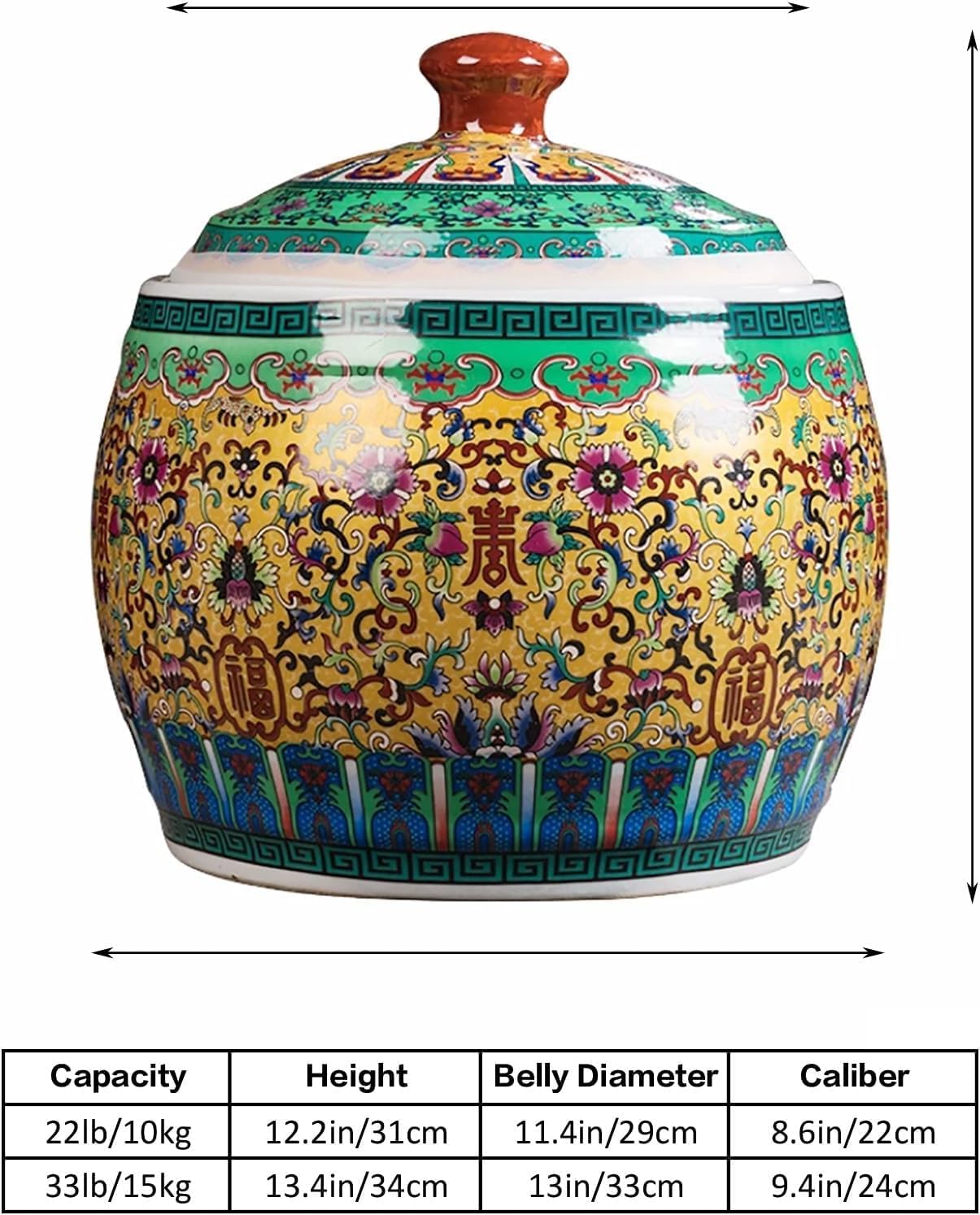 ELEFOCUS Rice Storage Container Ceramic Rice Storage Containe Chinese Design Rice Bucket Large Rice Dispenser Sealed(22lb/10kg)