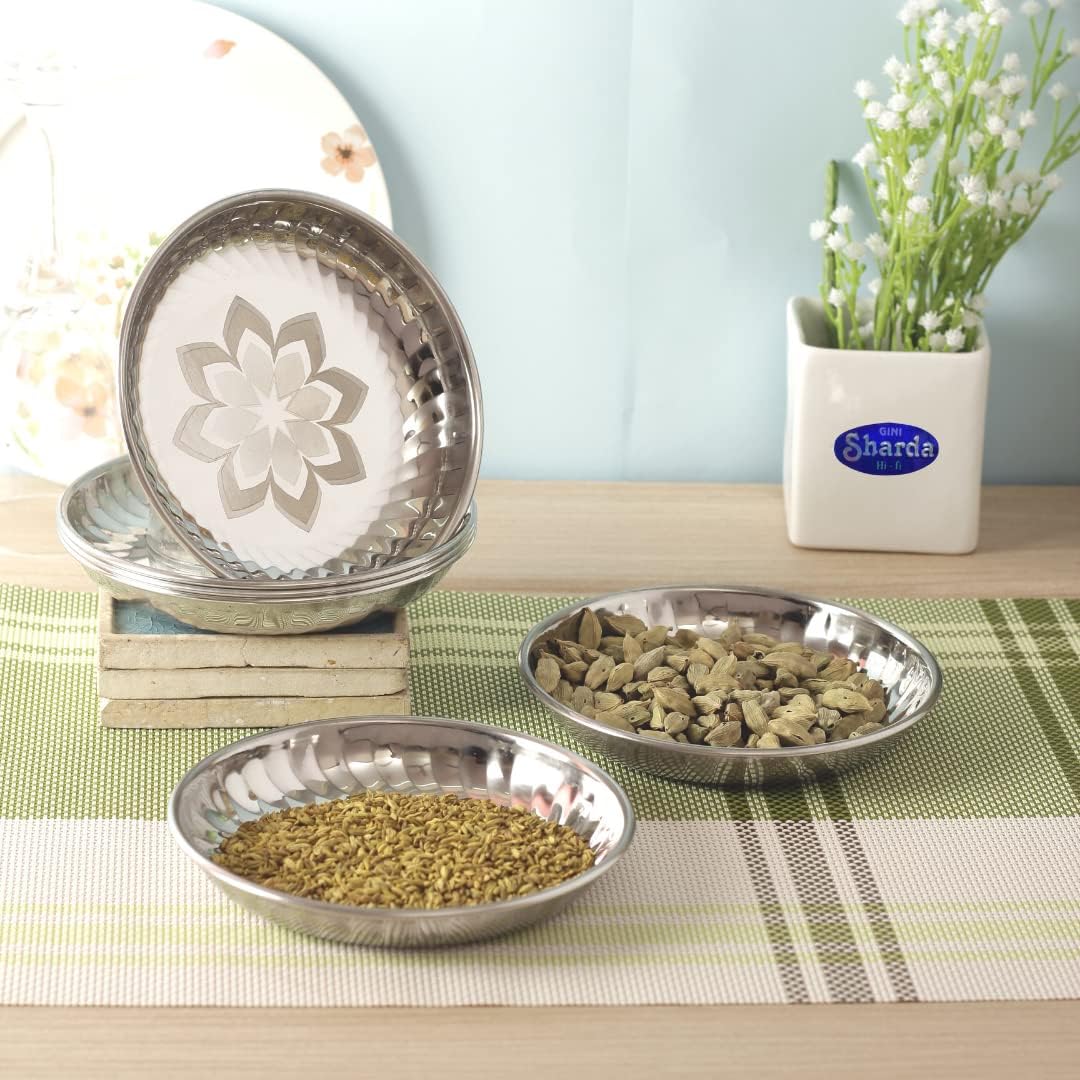 Sharda Metals Set of 6 Stainless Steel Side Serving Designer Plates Dishes, Small, Silver 2