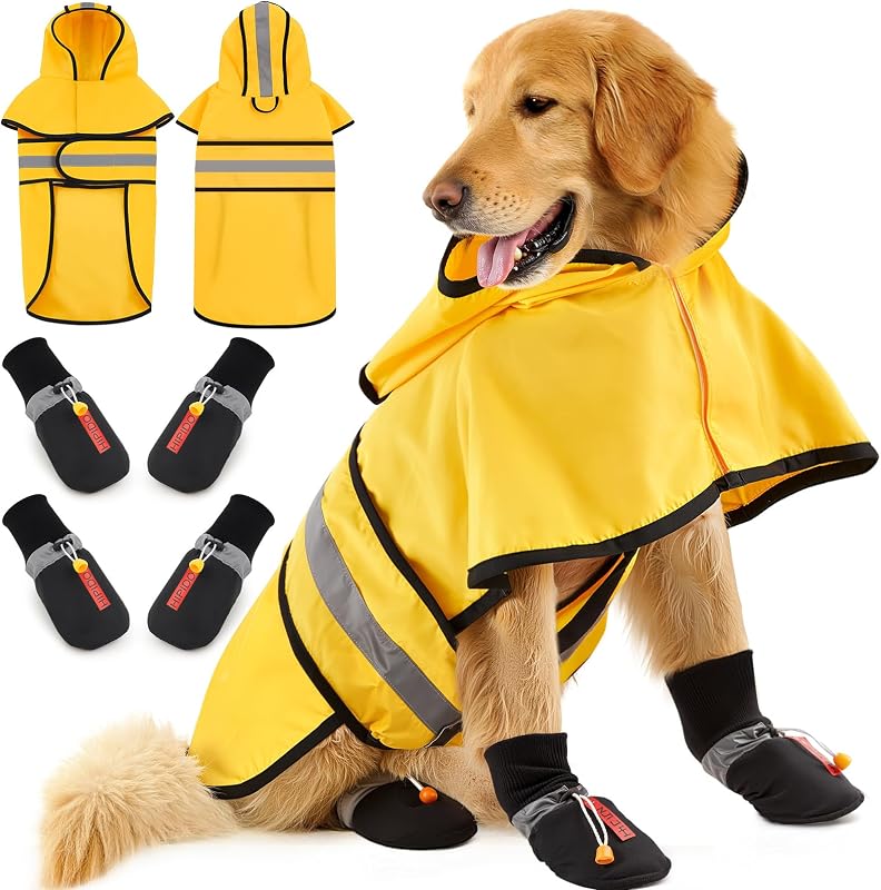Waterproof Dog Raincoat Shoes 50-70lbs, Poncho Single Side | Adjustable Poncho Leash Hole Reflective, 4 Boots Paw Protectors Straps, Spring Summer Rain Gear Medium Large Dogs Outdoor