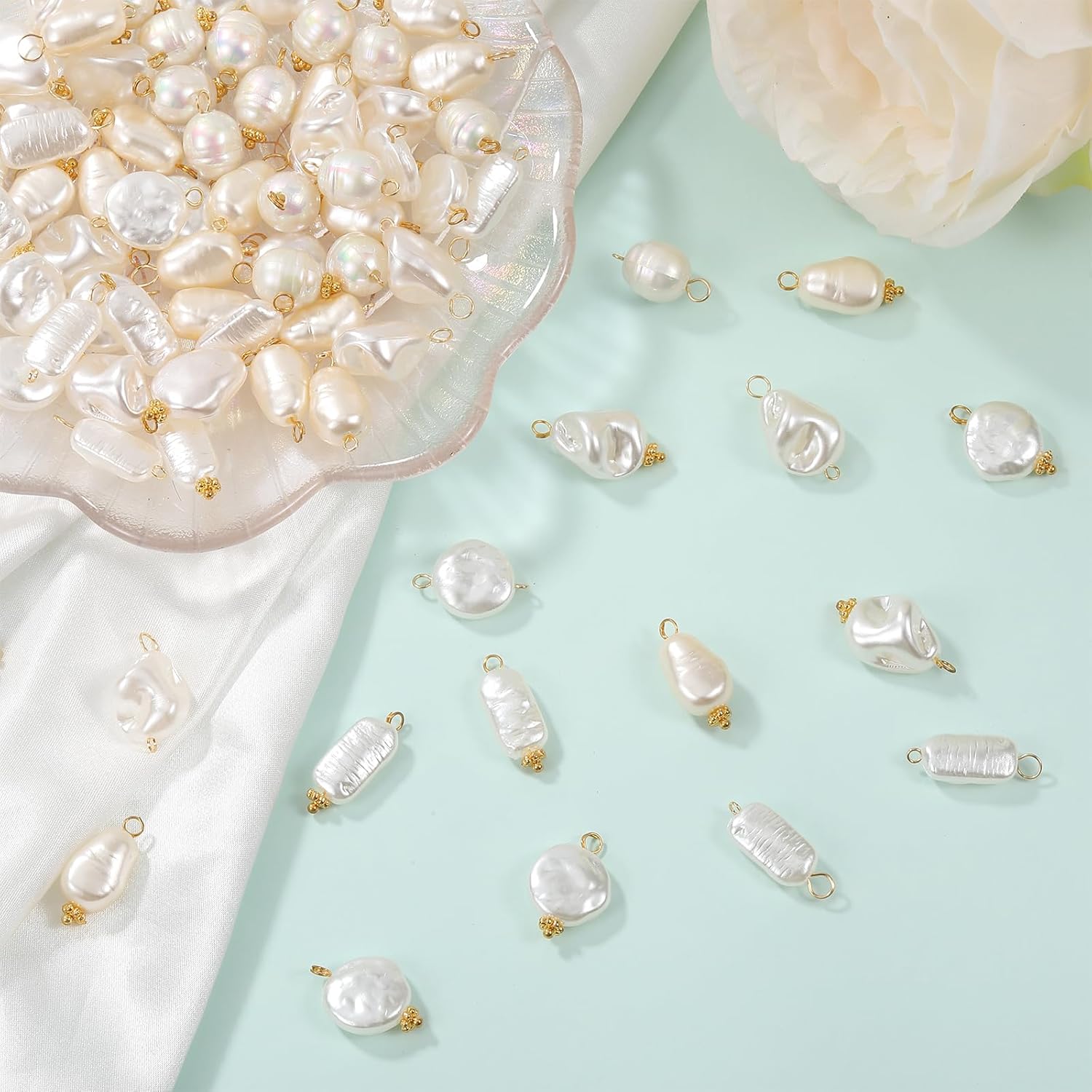 100 Pcs Pearl Charms Craft Pearls Pearls for Jewelry Making ABS Plastic Pearl Bead Pendants Acrylic Pearl Charm Connectors with Loops for Jewelry Necklace Bracelet Earring Making - Image 3