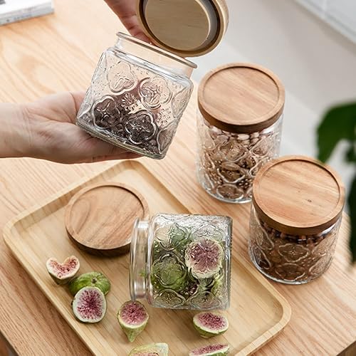 Miniatura 6 de ANSQU Paquete de 4 tarros de almacenamiento de vidrio vintage, recipiente de almacenamiento de vidrio de 16.9 onzas líquidas con tapa de madera