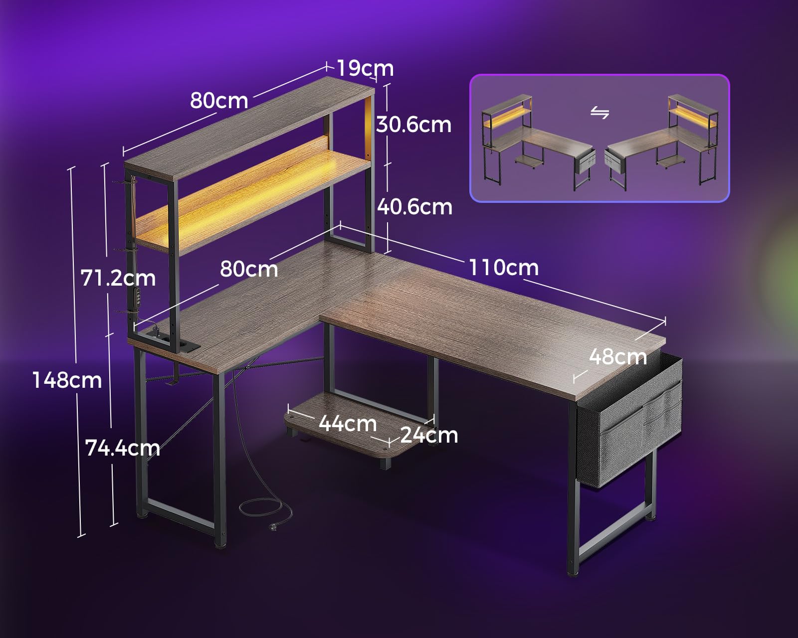 Coleshome Scrivania Gaming con LED e Prese, 110 × 80 cm Scrivania Gaming Angolare Reversibile con Scaffali Portaoggetti, Tavolo Angolare con Borsa Portaoggetti per Giocatori, Grigio Rovere