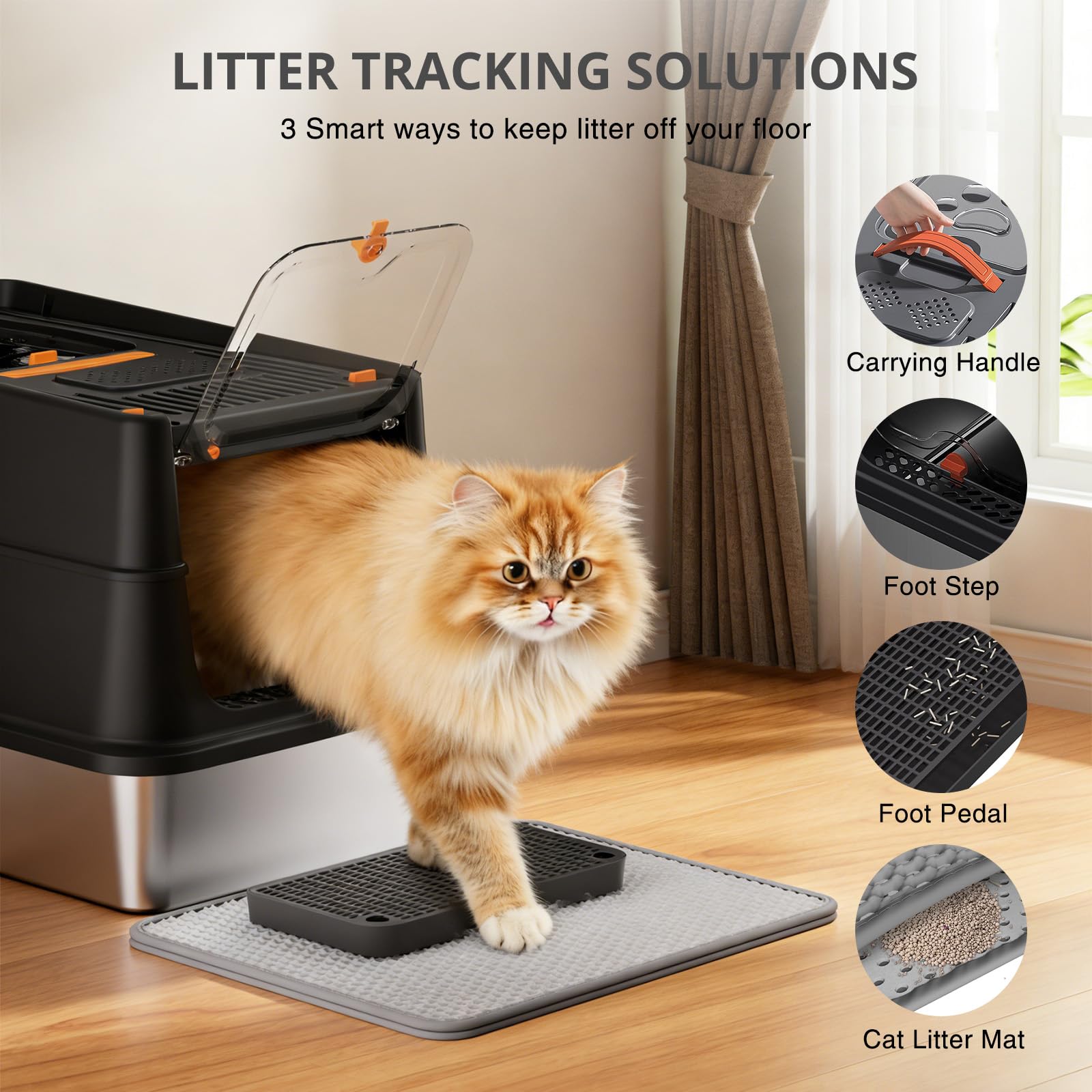 APPKER Stainless Steel Cat Litter Box, XL Enclosed Cat Litter Box with Lid, Easy to Clean High-Sided Metal Kitty with Top Entry, Scoop, Mat, Brush & Foot Pedal-Black - image 7