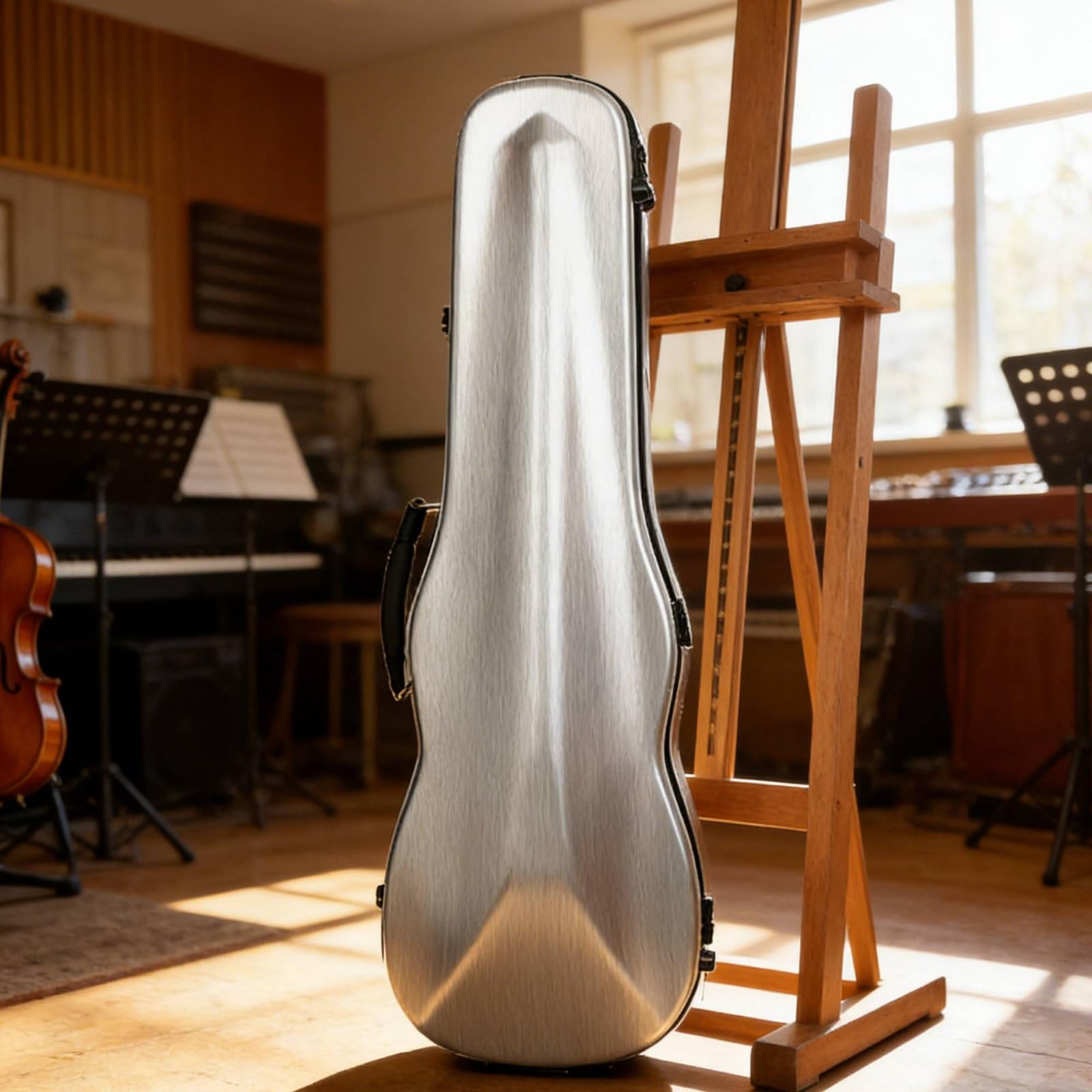 TISHITA Estuche para Violín de Fibra Compuesta con Cierre Seguro Interior Suave Resistente a Golpes Soporte Almacenamiento Adicional Adecuado para Viajes, Café, Triángulo Cepillado