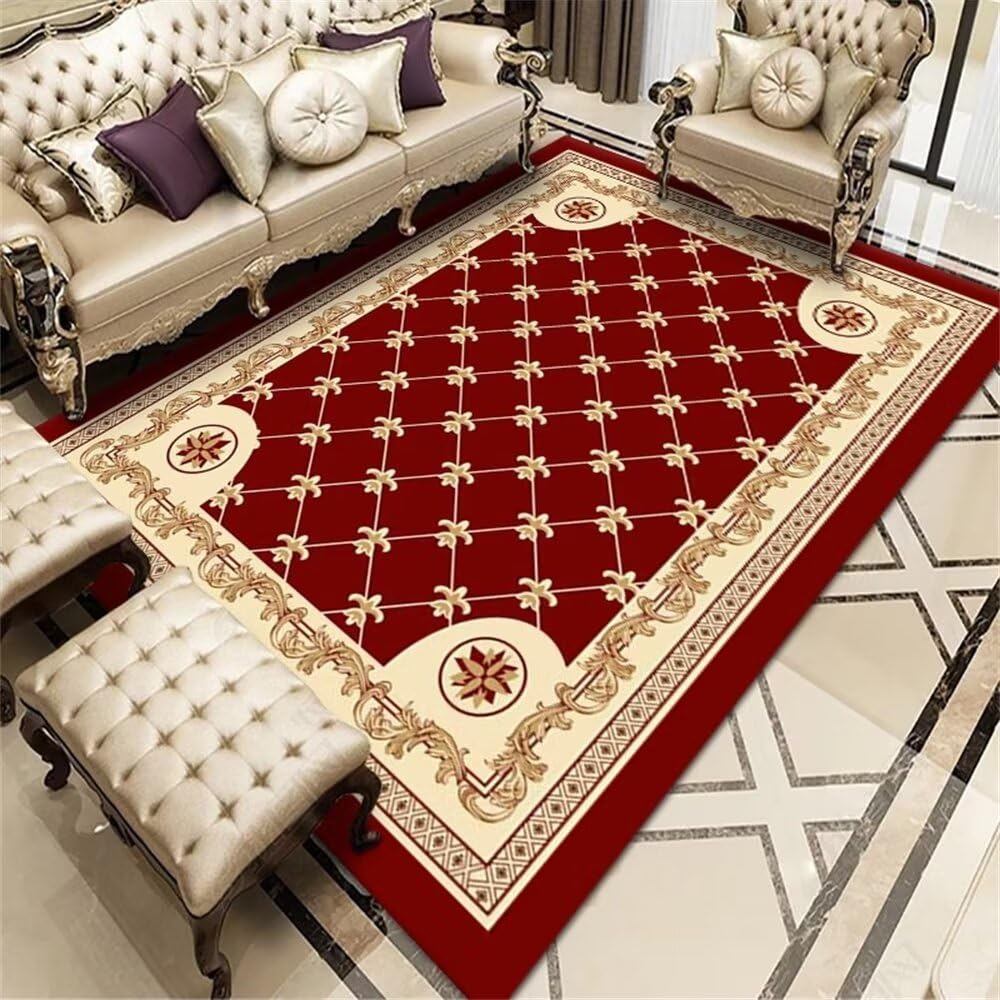 Tapis de salon facile à entretenir au style floral rouge rétro