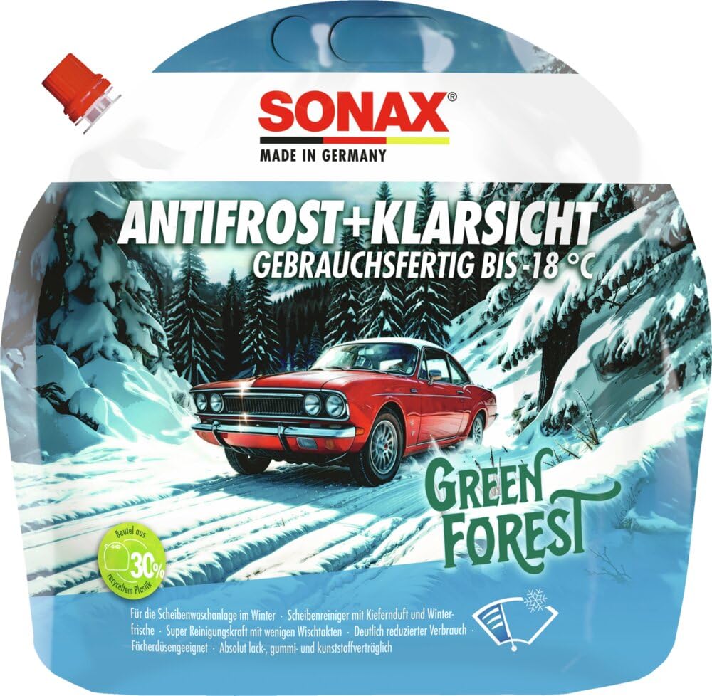 SONAX AntiFrost+KlarSicht gebrauchsfertig bis -18 °C Green Forest (3 Liter) Scheibenfrostschutz für die Scheibenwaschanlage mit Kiefernduft | Art-Nr. 01384410