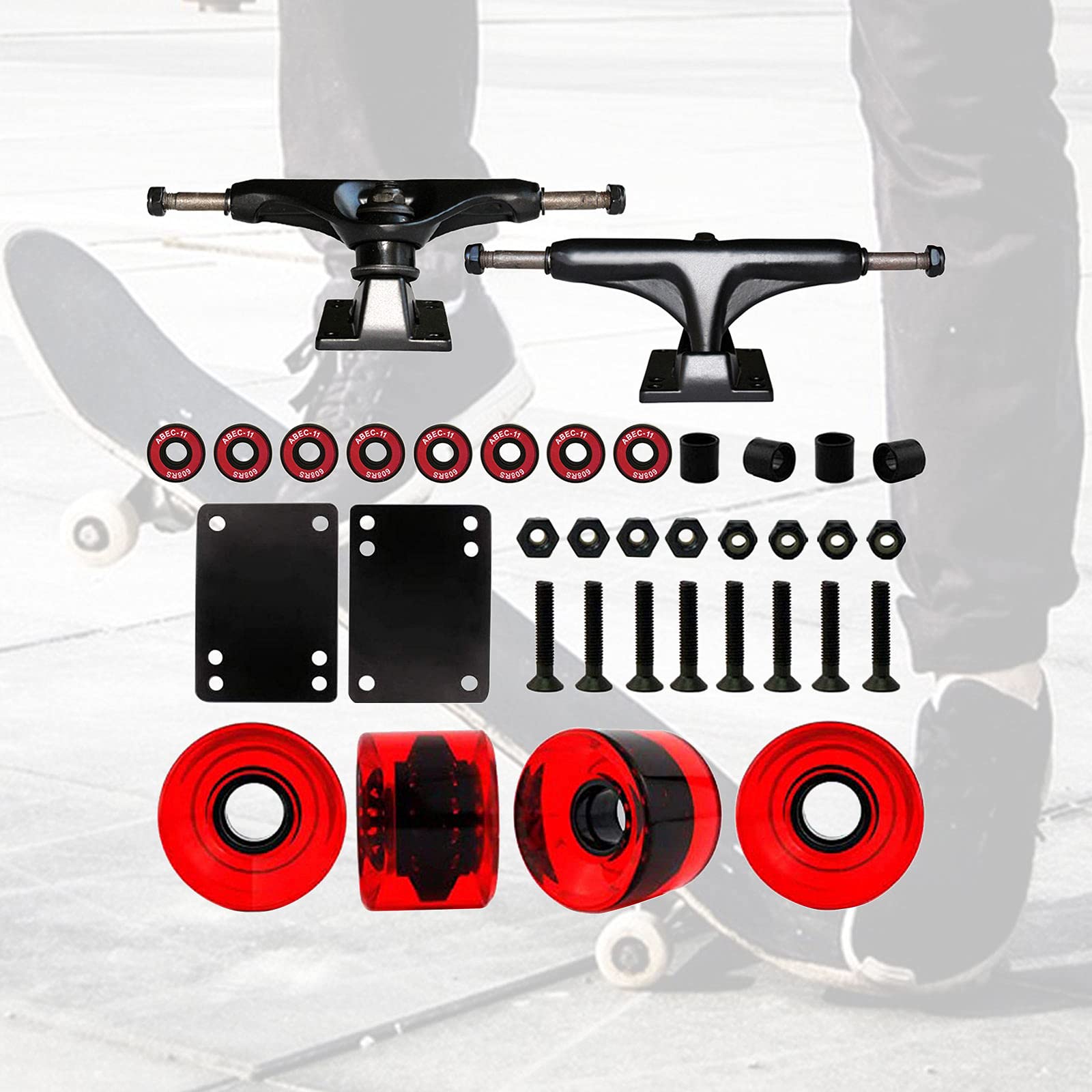 SM SunniMix 5" Skateboard Achsen, Skateboard Rollen mit Lager 51mm, Skateboard, Skateboard Riser Pads, Skateboard Hardware Set, klar rot