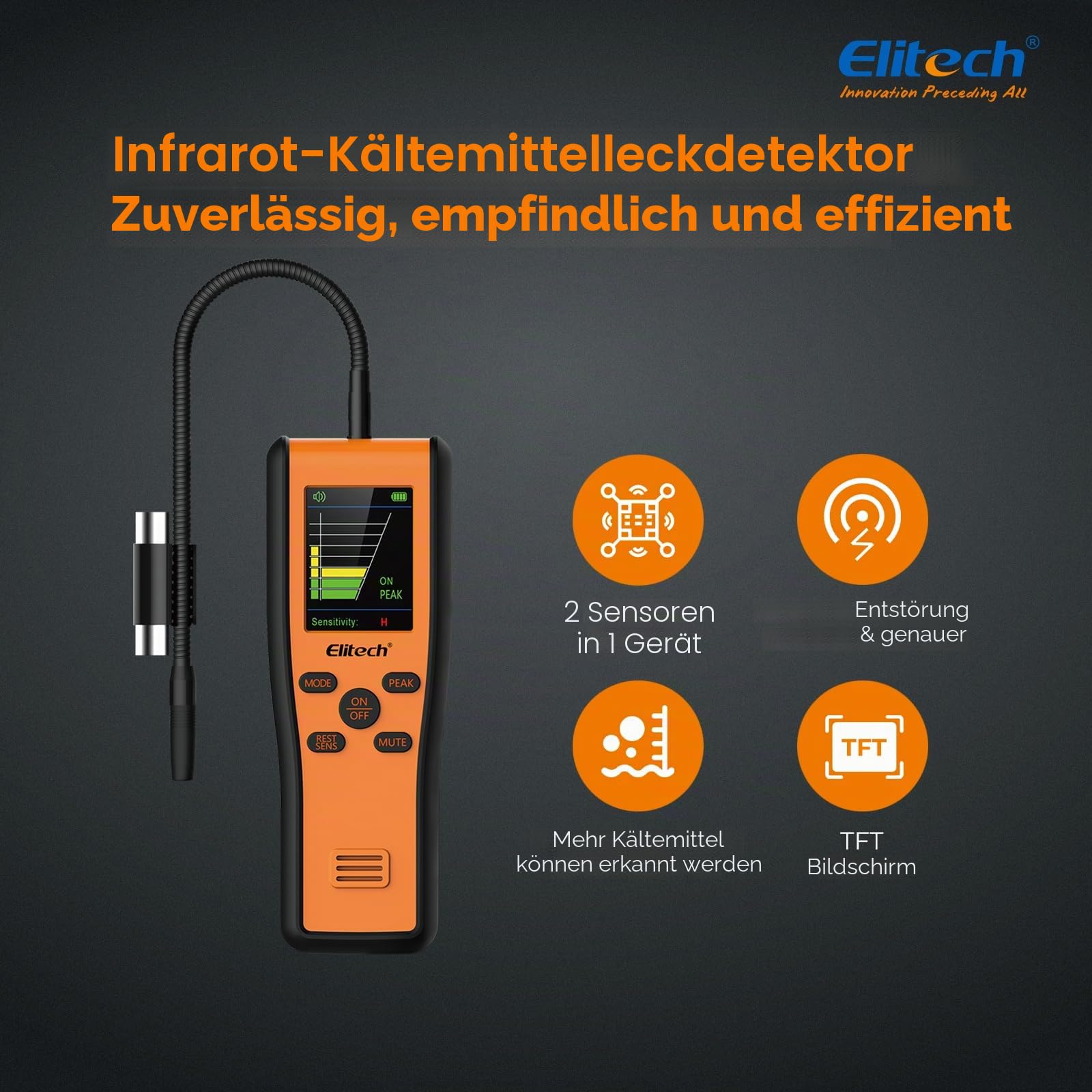 Elitech Kältemittelleckdetektor IR-200 2-in-1 Infrarot & Beheizte Diode Dual Sensor Hohe Empfindlichkeit Tester 10 Jahre Lebensdauer