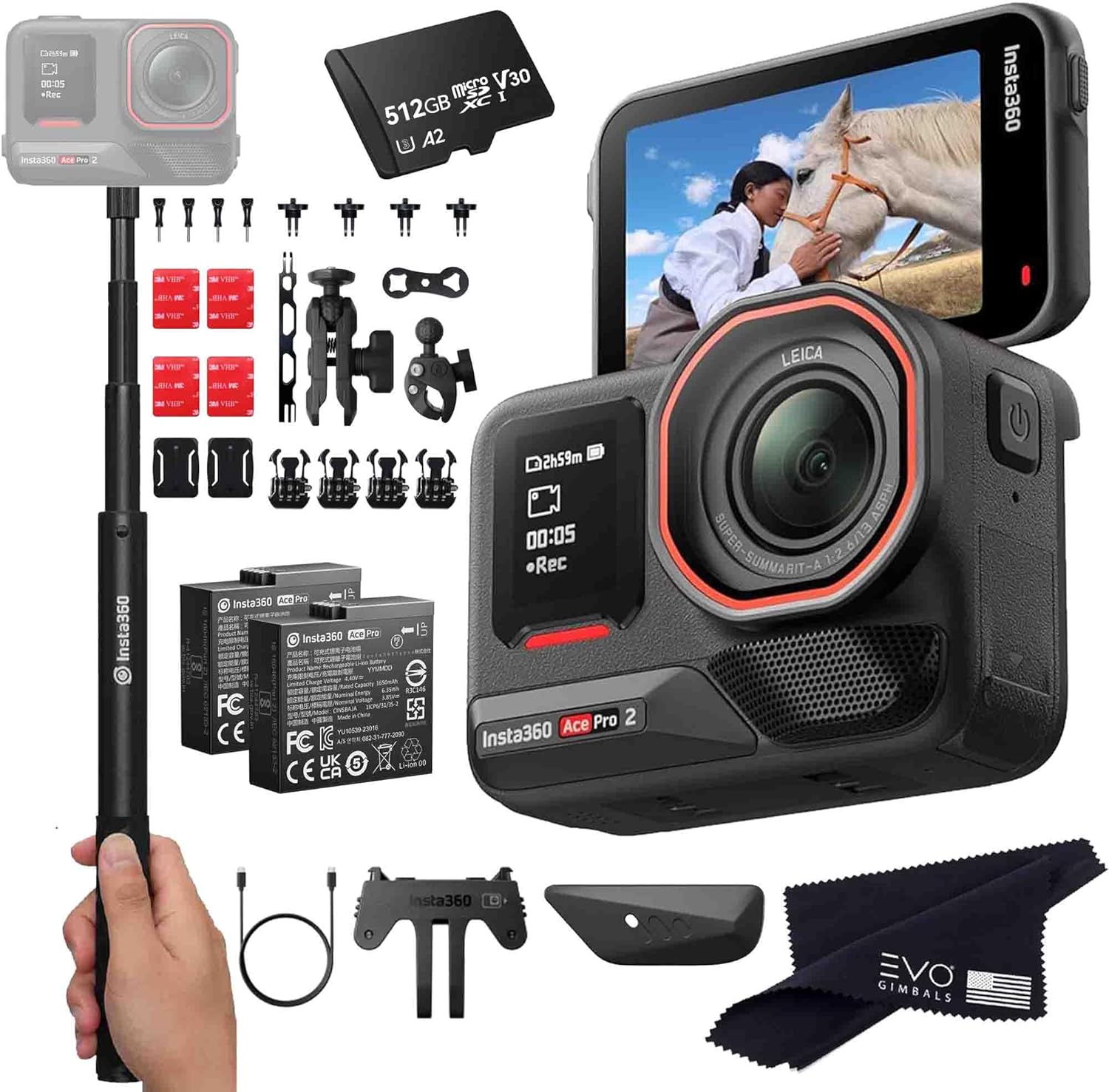Insta360 Ace Pro 2 Motorcycle Bundle- 8K Waterproof Action Camera Co-Engineered with Leica, Flagship 1/1.3" Sensor, 8K30, 2.5" Flip Screen|Includes Motorcycle Bundle, Invisible Selfie Stick (512GB)
