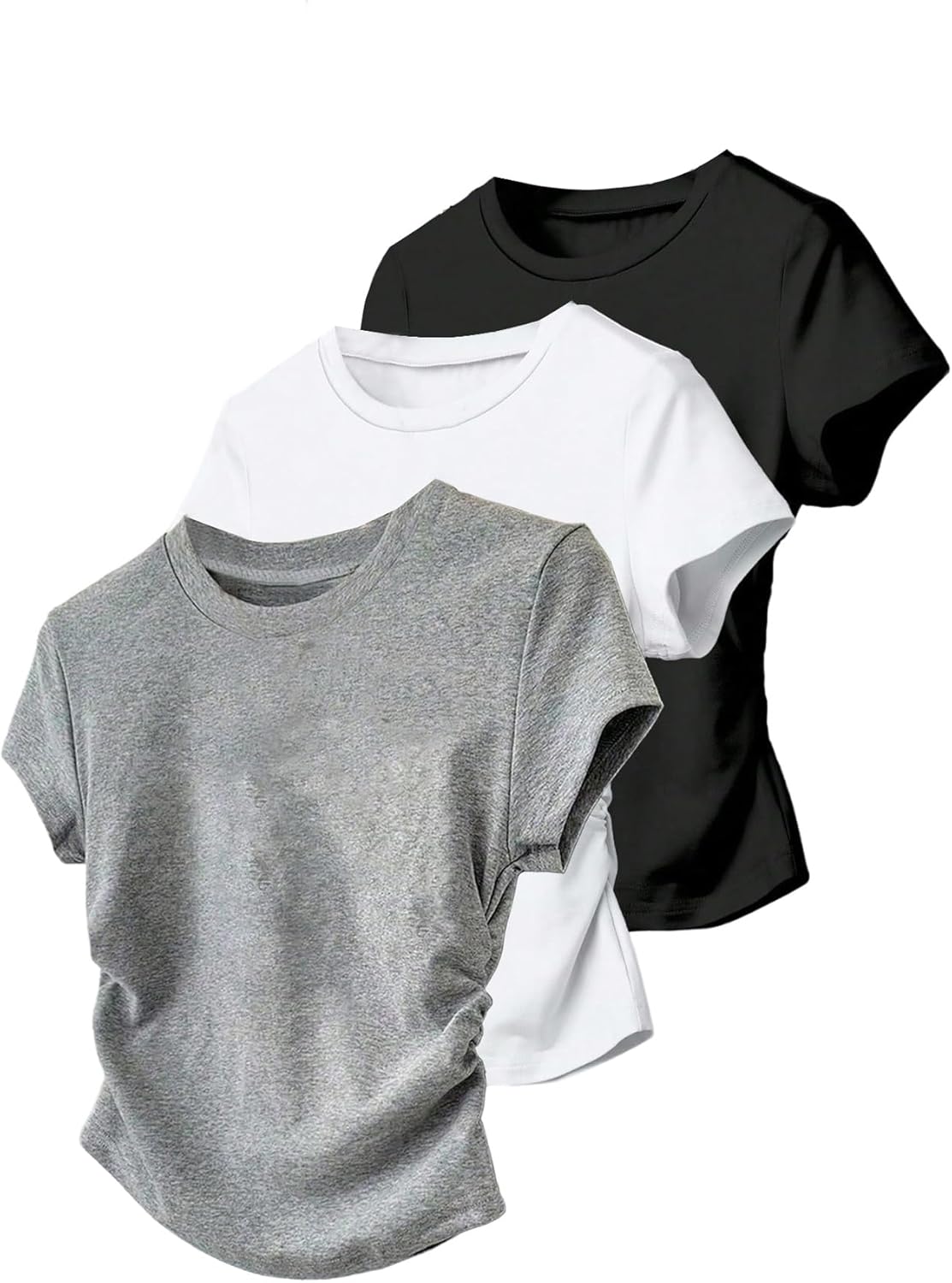 SHENHE Women's 3 Pack Short Sleeve Crew Neck T Shirts Ruched Slim Fitted Basic Tees Tops