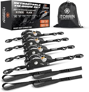 Retractable Ratchet Straps - 4 Pack 1inch x 10ft Auto Tie Down with Soft Loops - Black - 1650 Lbs Break Strength - Self Retracting for Motorcycle, ATV, Truck, Cargo, Trailer, Boat, Kayak, Furniture