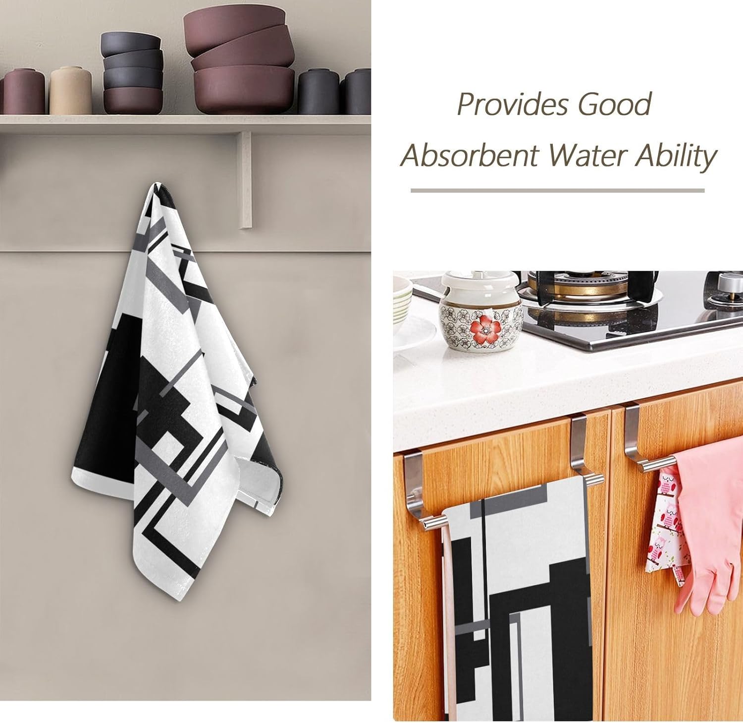 Black White Geometric Hand Towels for Bathroom Set of 2,Absorbent Microfiber Abstract Mid Century Gray Kitchen Towels 14"x28",Decorative Modern Bathroom Towels for Bath,Guest,Face,Shower - Image 7