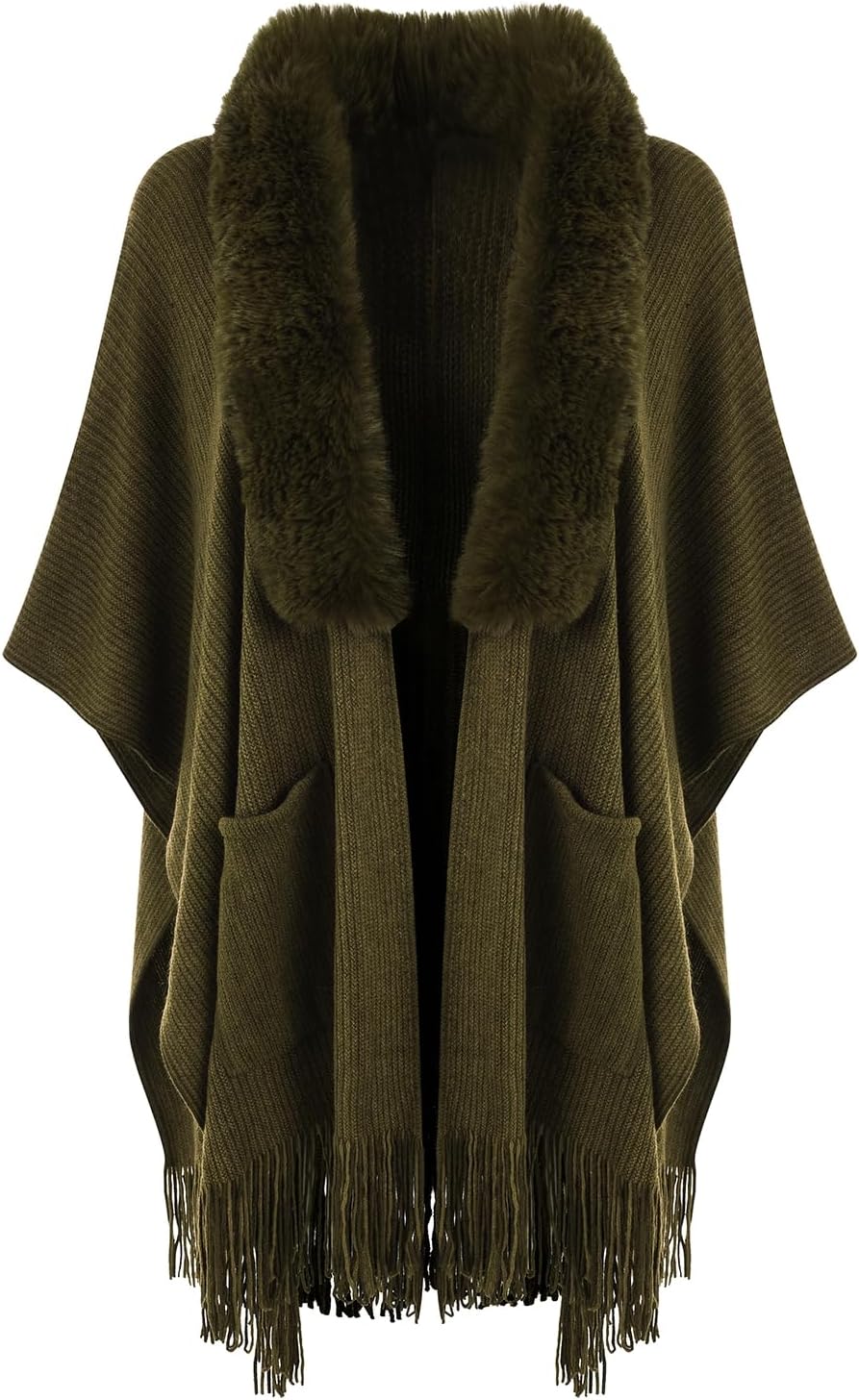 Ferand Women’s Shawl Wraps with Pockets Open Front Fringe Poncho Cozy Knit Lightweight Cardigan Sweater