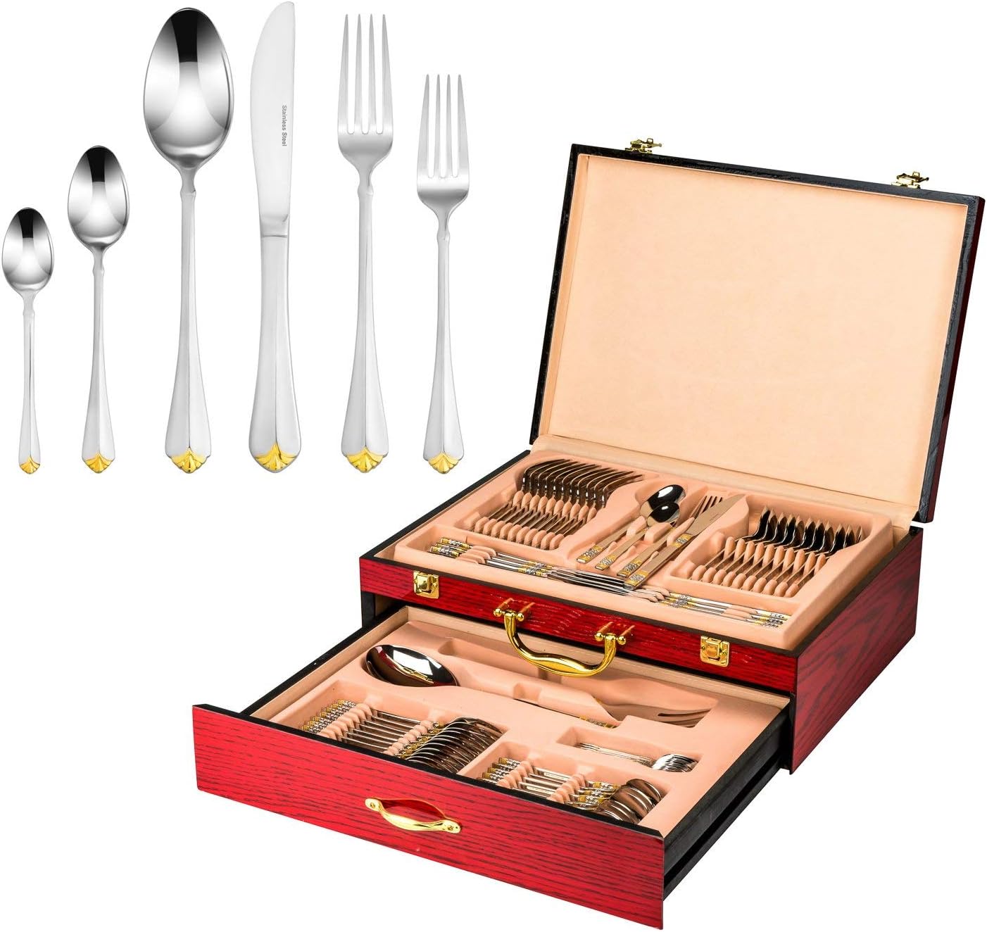 Crown' 75-Piece Premium Surgical Stainless Steel Silverware Flatware Set in a Wooden Case, Service for 12, 24K Gold-Plated 18/10