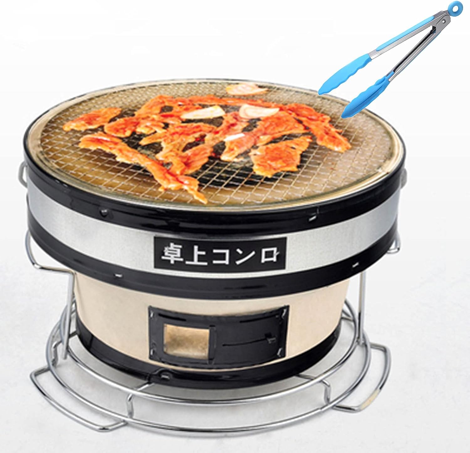 AIZYR Japanese Ceramic Clay Charcoal Grill, Round Barbecue Charcoal Grill Tabletop Charcoal Stove ​Cooker with Food Tongs, Be Applicable Outdoor Indoor Camping Get Together