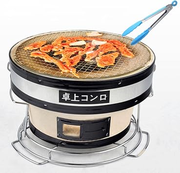 AIZYR Japanese Ceramic Clay Charcoal Grill, Round Barbecue Charcoal Grill Tabletop Charcoal Stove Cooker with Food Tongs, Be Applicable Outdoor Indoor Camping Get Together