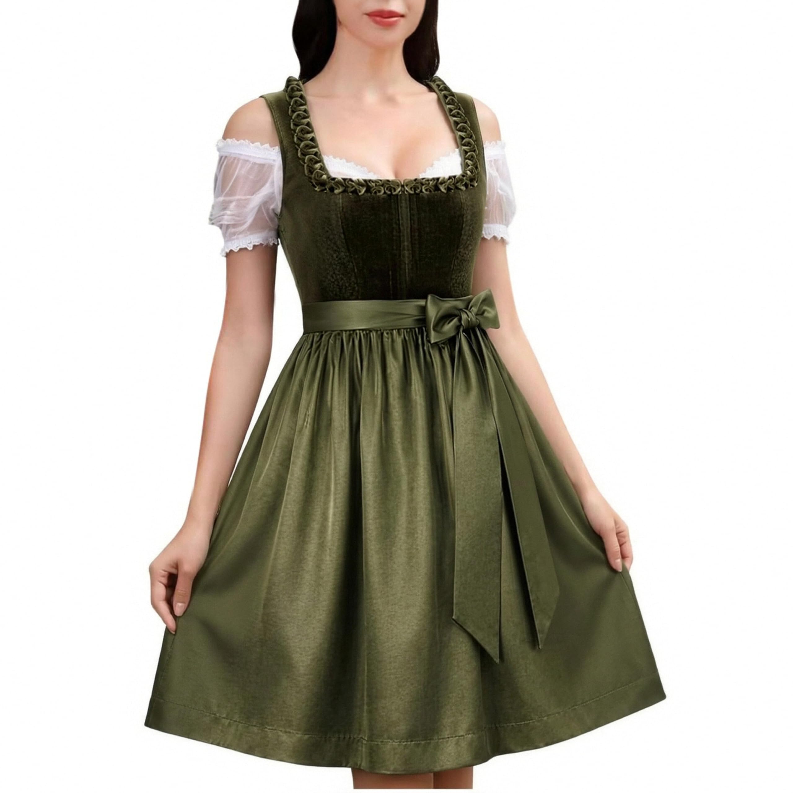 Generisch Dirndl Damen Lang Trachtenkleid Dirndlkleid Trachtenrock Elegant Trachtenmode Kleid 2 teilig Oktoberfest Outfit mit Dirndlschürzen