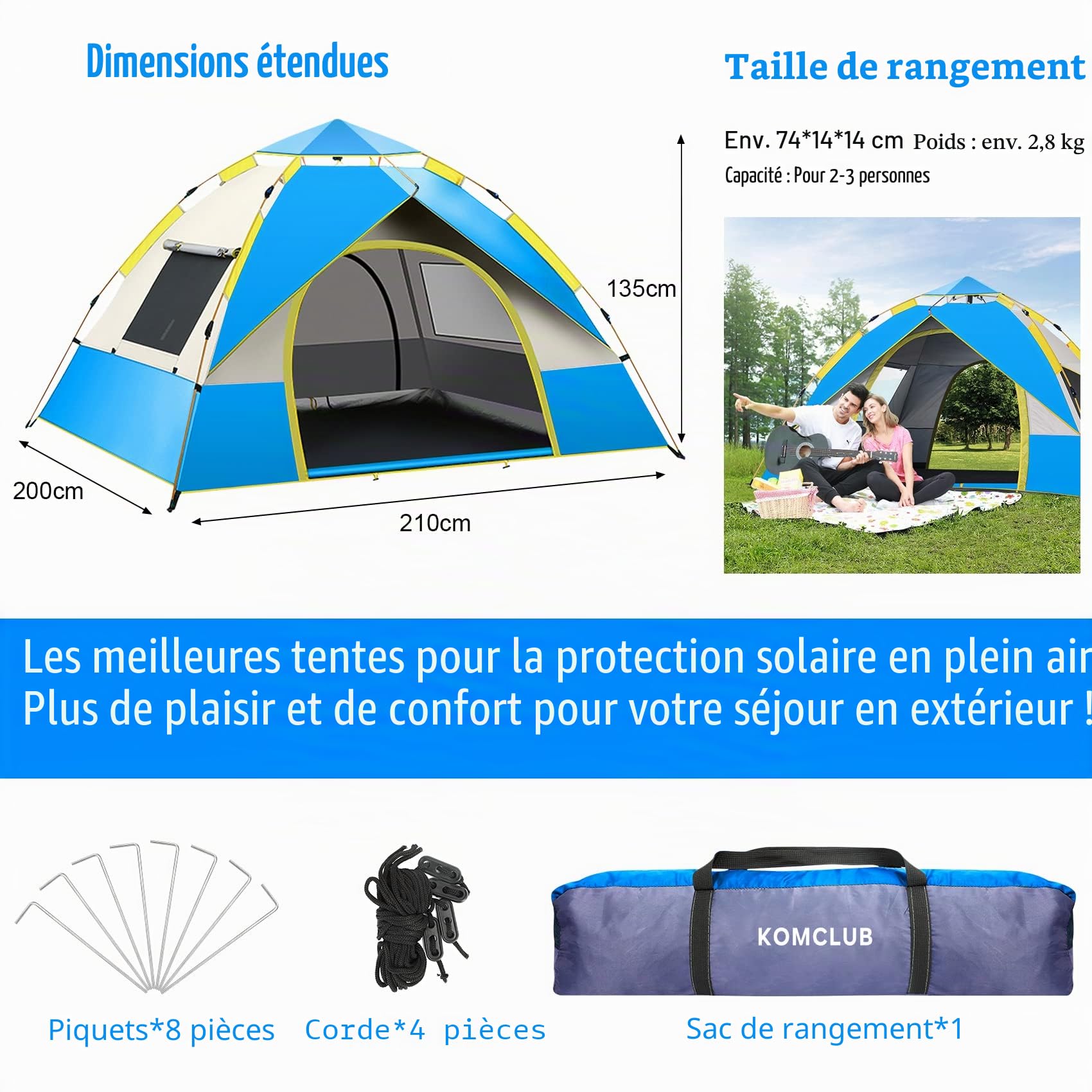 Tente de camping automatique et légère pour 3 à 4 personnes, imperméable, coupe-vent, protection UV, parfaite pour la plage, l'extérieur, les voyages, la randonnée, le camping, la chasse, la pêche, etc