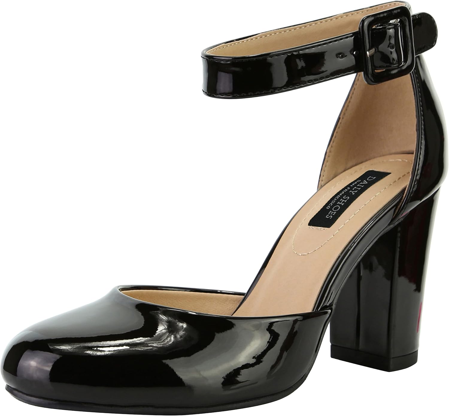 black patent court shoes with ankle strap