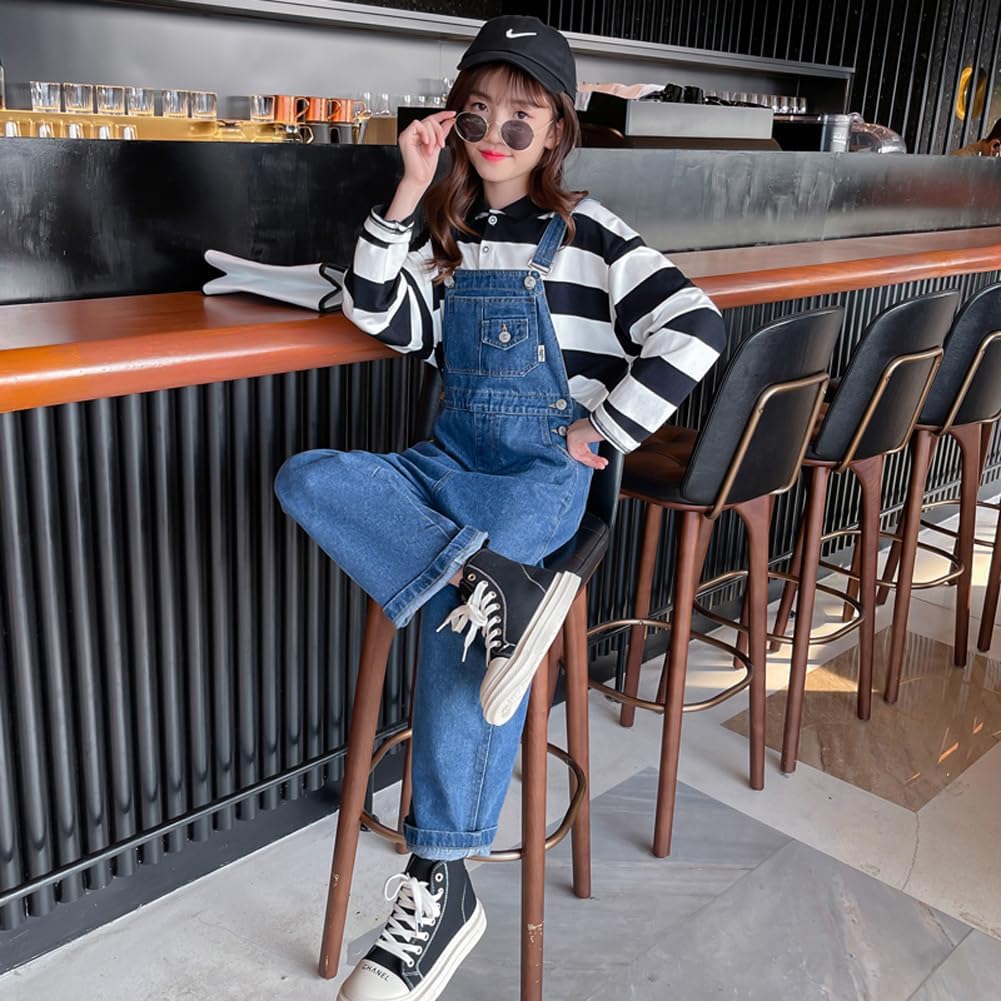 3-14 Years Kids Big Girls Jumpsuits & Rompers Distressed Bib Denim Overalls Blue Long Jeans Stretchy Ripped Jeans - Image 2