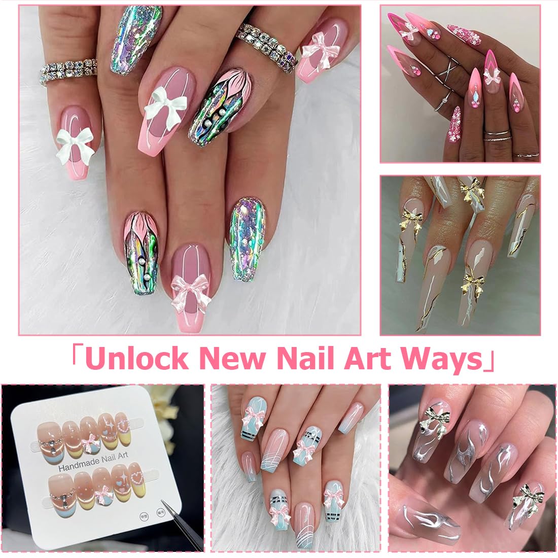 Set Charms Ongles 12 Compartiments, 3D Noeud Papillon en Résine+Perles/Cœur/Fleur, avec Crayon de Cire & Pince à Strass, Bijoux Ongles