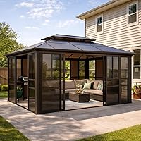 Vista 17 de YOLENY Cenador de techo rígido de 10'x12', toldo de techo de policarbonato para exteriores, marco de aluminio, pabellón permanente con cortinas