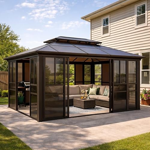 Miniatura 17 de YOLENY Cenador de techo rígido de 10'x12', toldo de techo de policarbonato para exteriores, marco de aluminio, pabellón permanente con cortinas