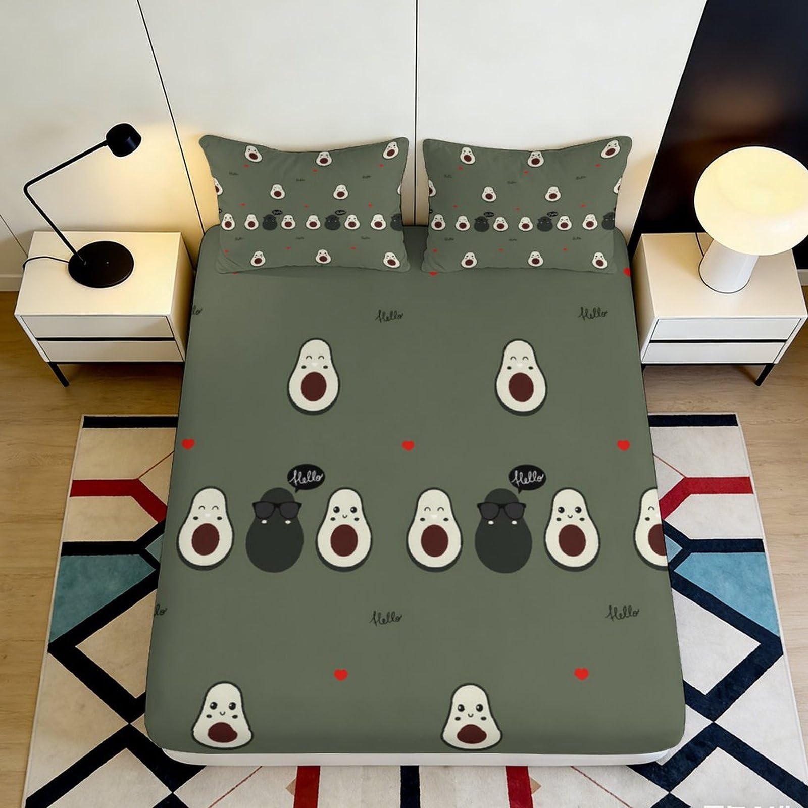 3D Printed Avocado Cartoon Fitted Sheet Microfiber Soft Anti-Slip Funny Face Bed Cover for Bedroom Guest Room Decor 90x200x25cm