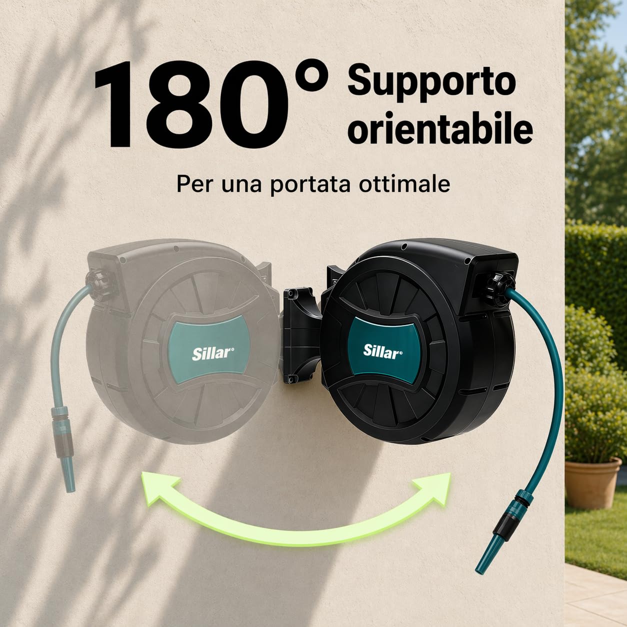 Sillar Avvolgitubo da Giardino 30 Metri da Parete, Avvolgitubo Acqua Automatico con Tubo da Giardino 1/2 Pollice, Rotazione 180°, Pistola Irrigazione 7 Funzioni, Lancia e Kit di Montaggio Inclusi