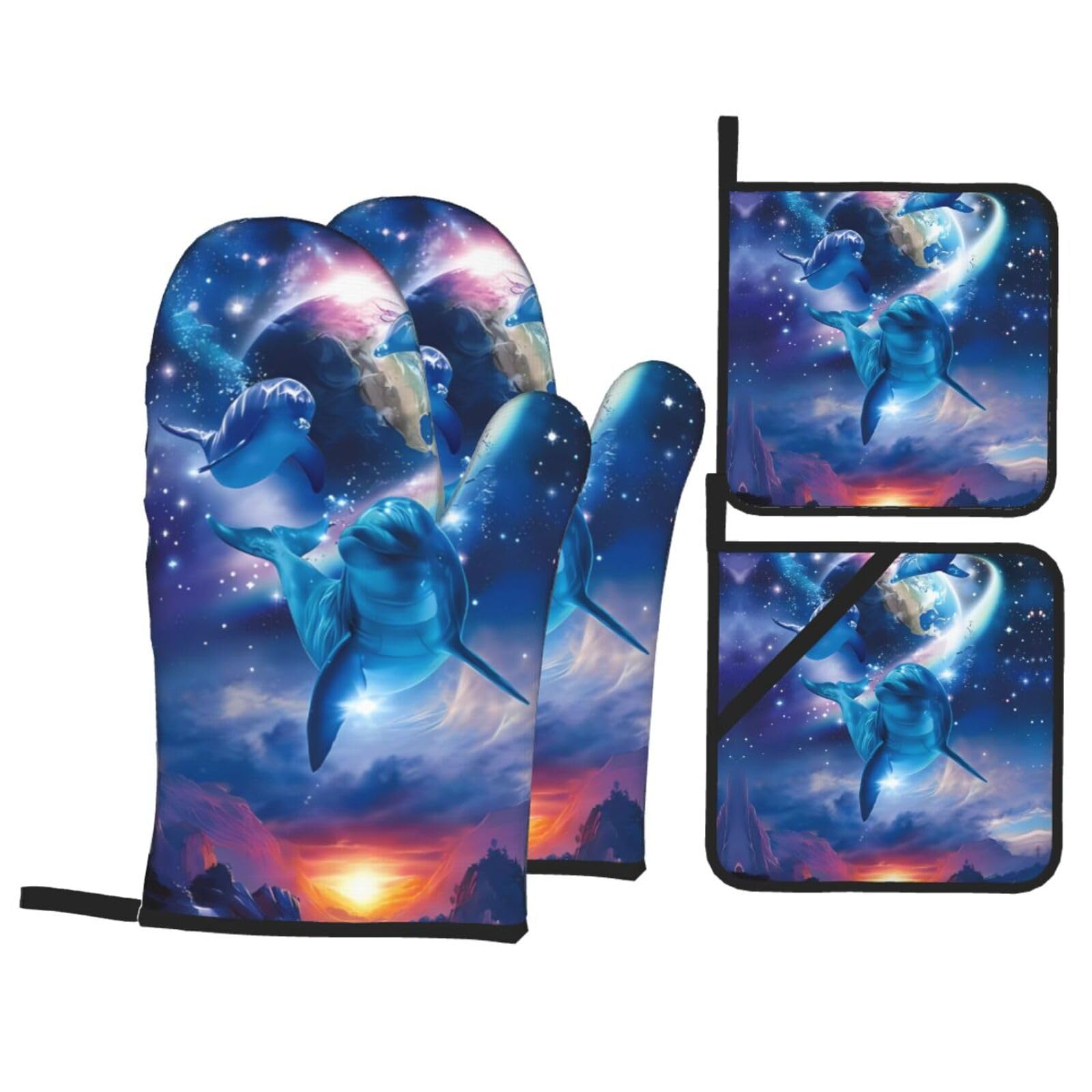 WHJSSF Cute Dolphins Prints Kitchen Baking Set - 4-Piece Heat Protection Layers with Waterproof Potholders for Oven, Grill & Serving