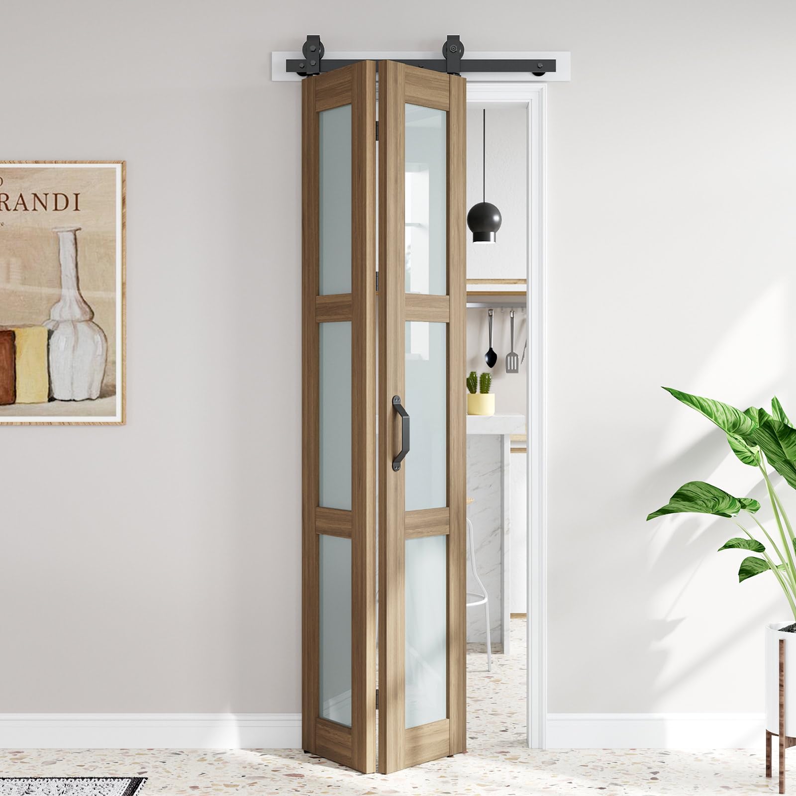 FREDBECK 30X84(Double 15x84) Bifold Frosted Glass Barn Door Brown Sliding Closet Doors with Hardware Kit Included, Water-Proof PVC Surface for Bedroom,Bathroom,Assembly Required