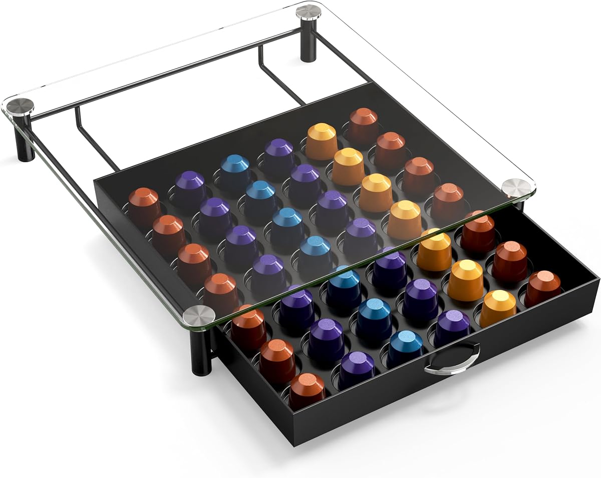 Deco Brothers Soporte para cápsulas de café de vidrio templado, se adapta a 42 cápsulas OriginalLine | Compatible con cápsula Nespresso OriginalLine, negra