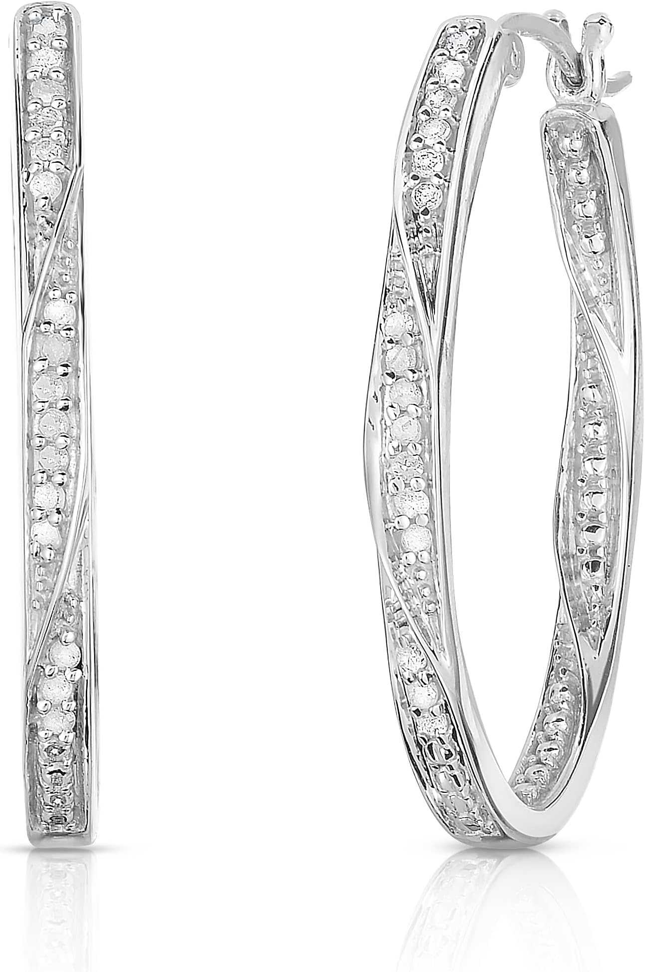 Large Twisted Oval 1/4 Cttw Diamond Hoop Earrings for Women in 925 Sterling Silver