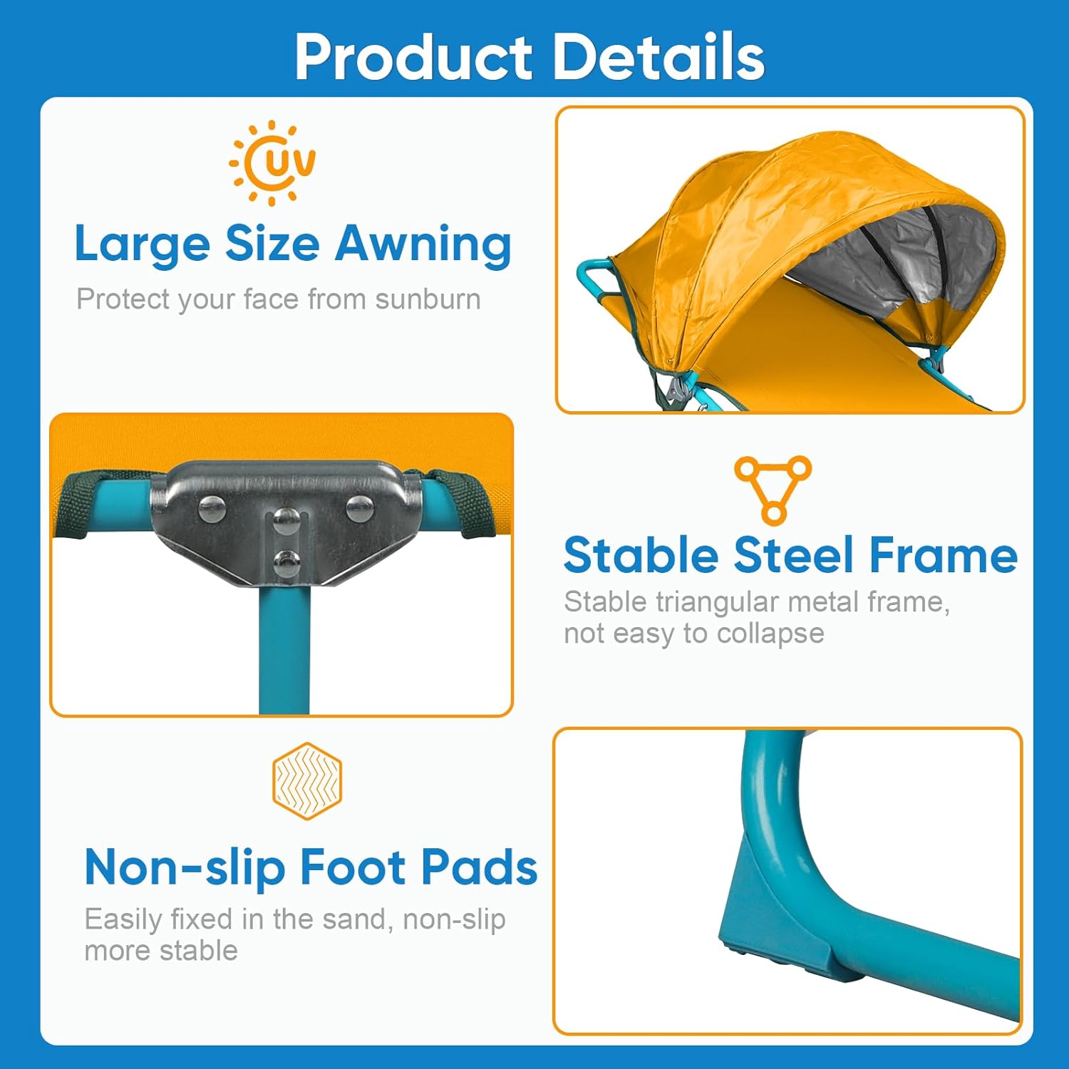 Colorsoul 2 Pack Tanning Chair with Sun Canopy,Adjustable 4-Position Beach Lounge Chair for Adults,Heavy Duty Folding Outdoor Lounge Chair,for Patio Poolside Sunbathing,UPF 50+,300 LBS,Yellow