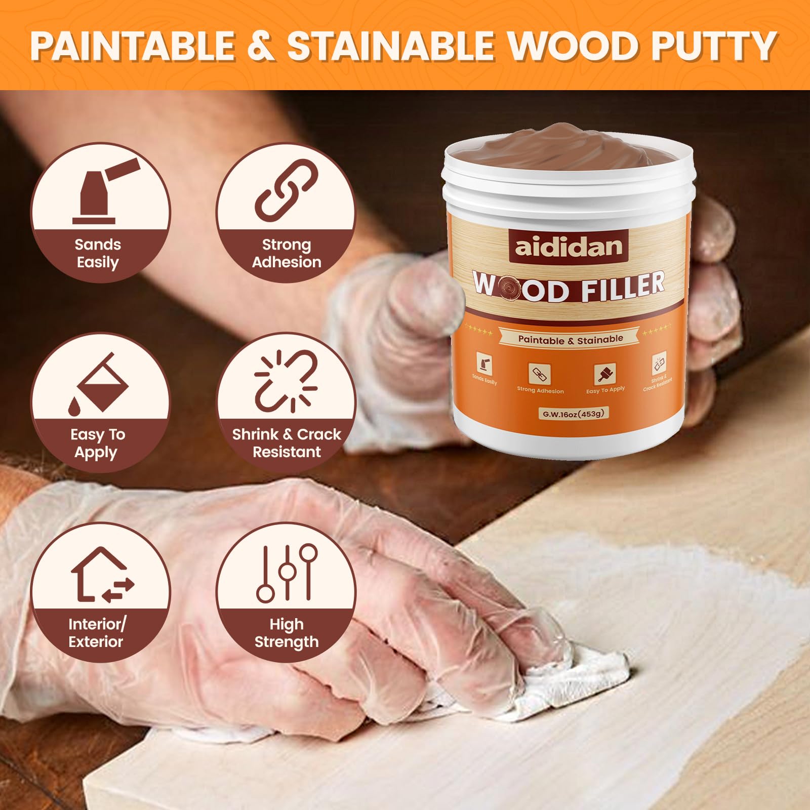 Relleno de madera, kit de reparación de madera, 478 g, colorido, relleno de masilla de madera pintable, muebles de reparación de agujeros de grietas, relleno de madera externo, resistente al agua