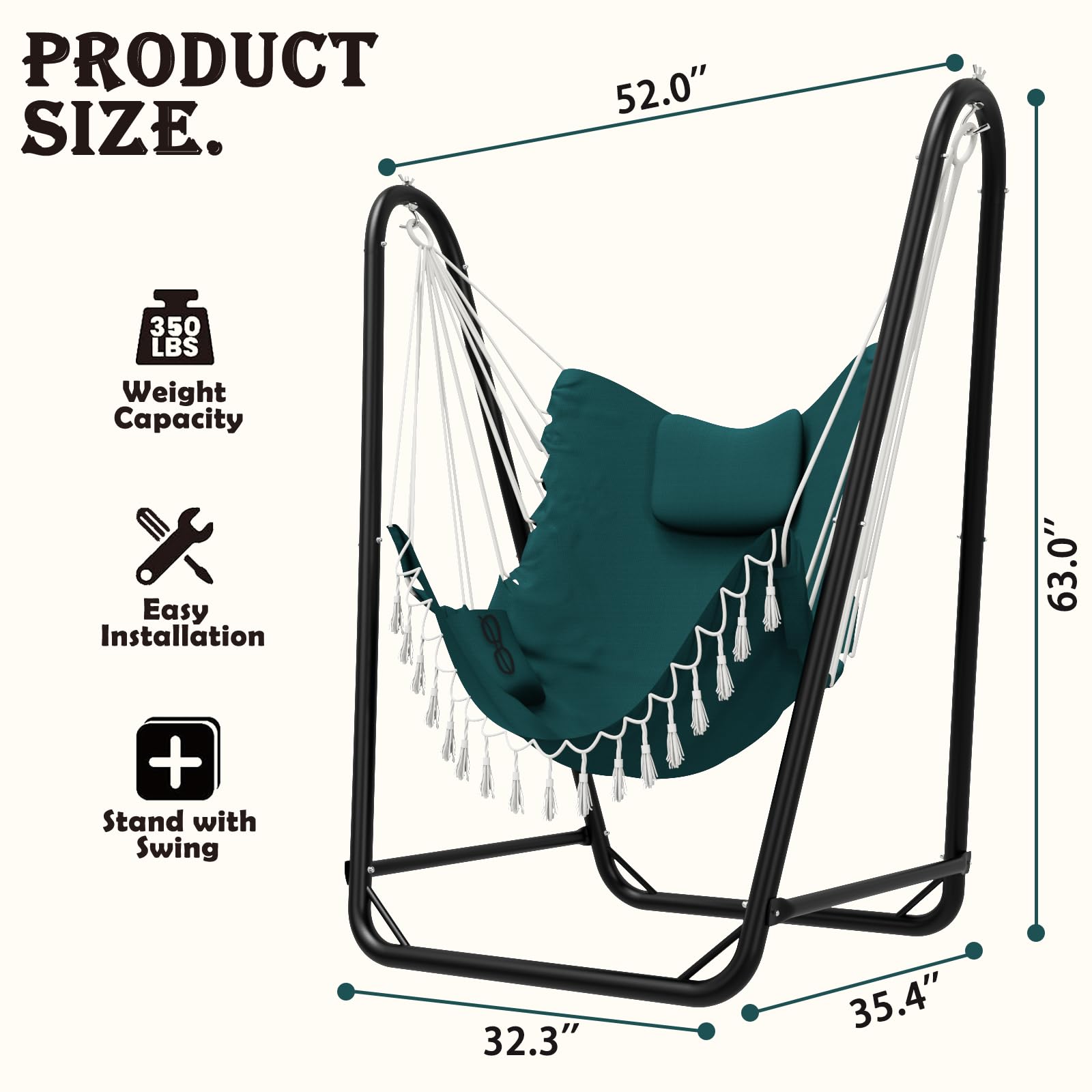 Hamaca colgante con estructura, carga máxima de 160 kg, robusto columpio colgante con soporte para interior y exterior, estable, para exteriores con estructura (verde)