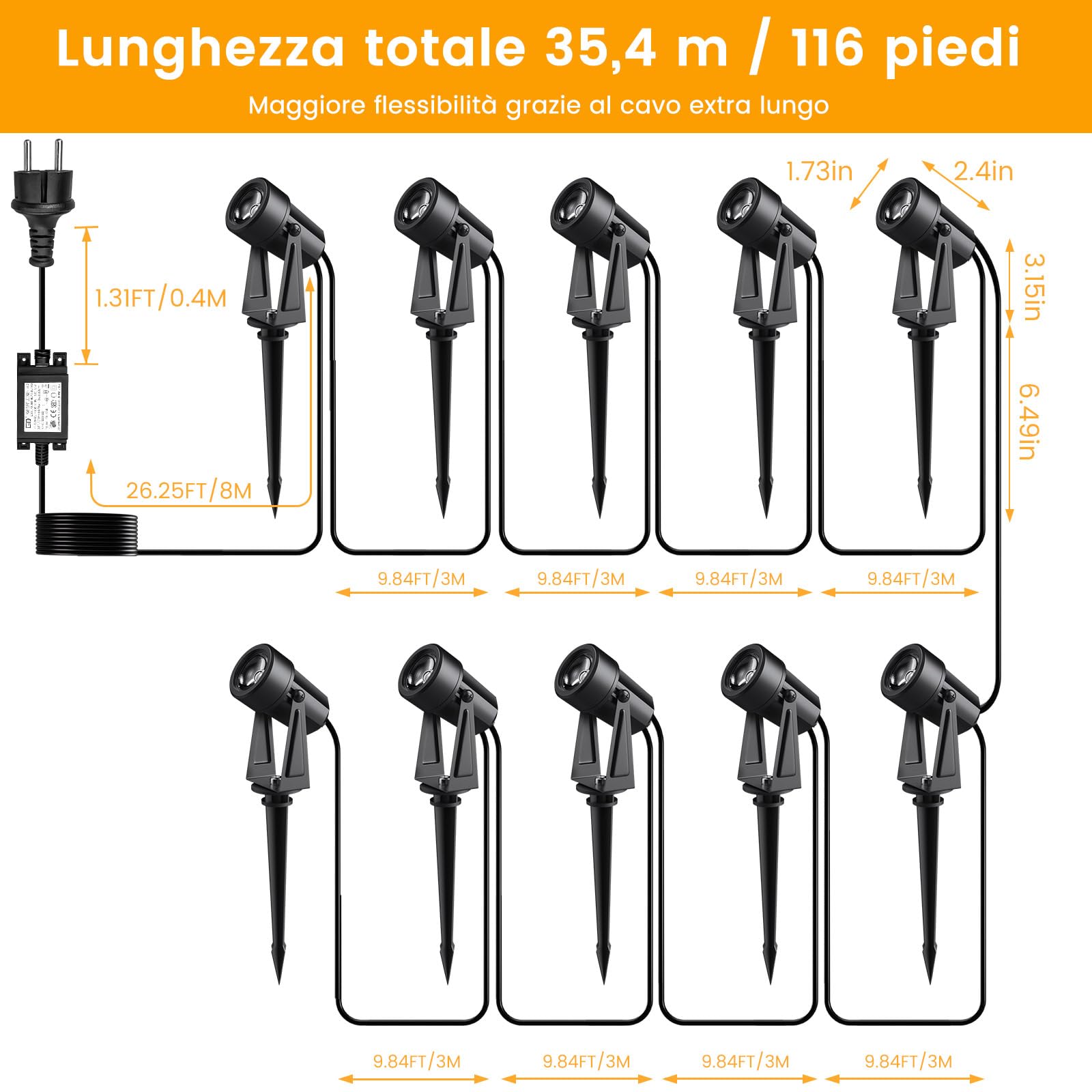 Illuminazione da giardino con alimentazione 35M, 3W*10 pezzi Faretti da esterno con Funzione telecomando e timer 3000K Bianco caldo, IP65 Impermeabili per sentieri, prati, cortili, terrazze