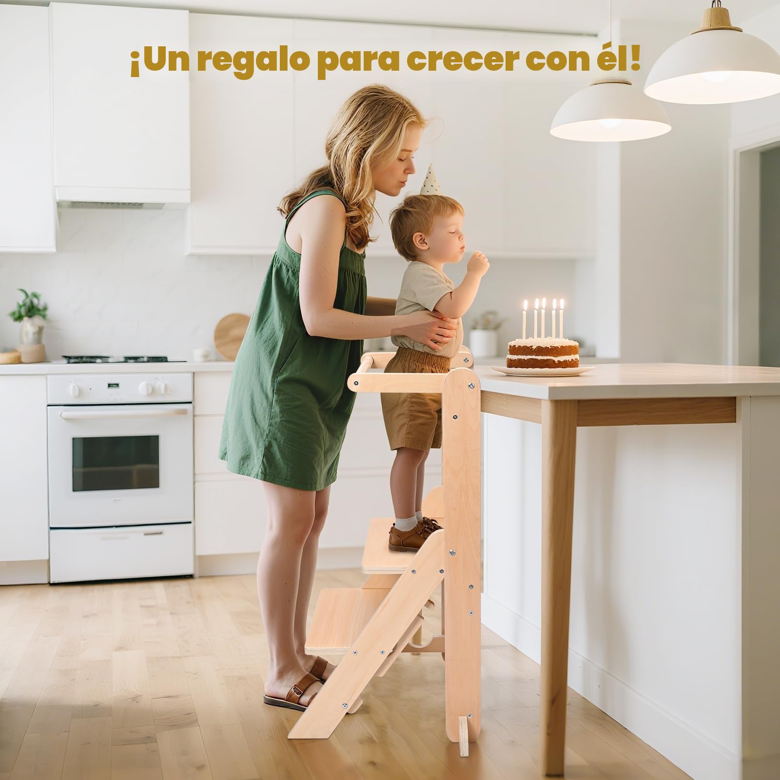 Torre de Aprendizaje Plegable, Torre de observación para niños de 1 a 5 años, Aprendizaje Montessori, ayudante de Cocina de Madera Natural, Segura y fácil de Montar (Capacidad de 50 kg)