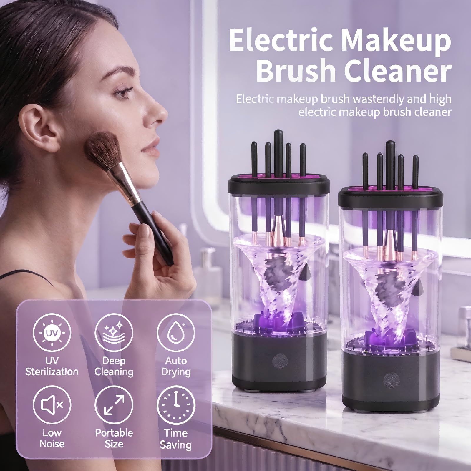 Elektrischer Makeup Pinsel Reiniger mit Trocknung & UV-Desinfektion, 6500RPM Automatischer Pinselwaschmaschine, Leise Transparent Großes Fassungsvermögen Type-C für Zuhause Reise