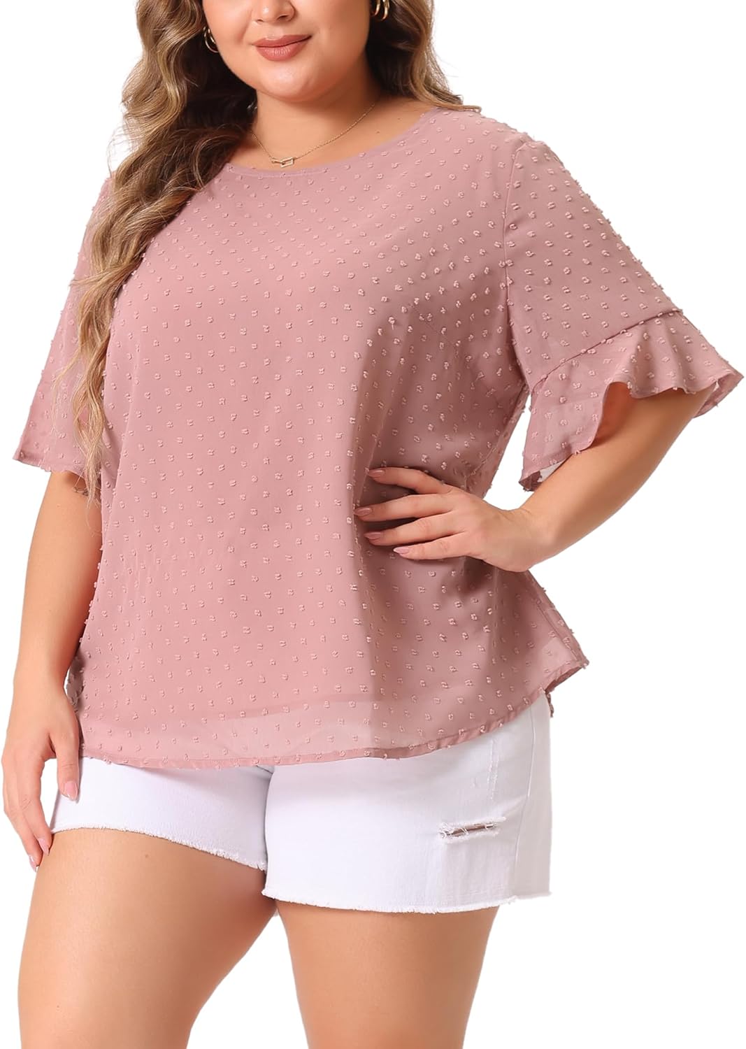 Agnes Orinda Plus Size Top for Women Round Neck Ruffle Sleeve Swiss Dots Tee Shirt Tops 2024 Summer Blouse - Image 2