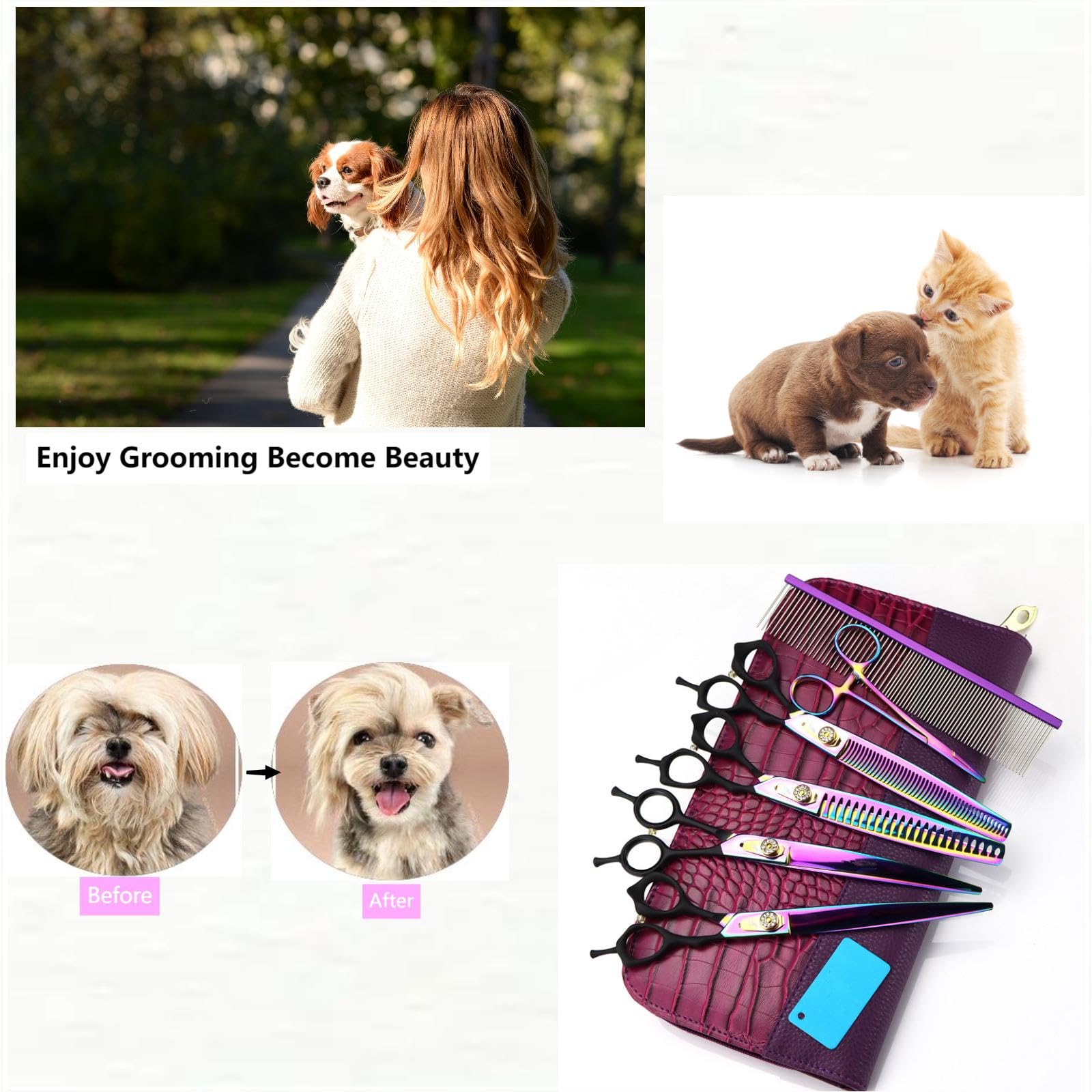 8,0" Hundeschere Set 7 in 1 Fellschere Set für Hunde - gerade gebogene Hundeschere 16/36 Zähne Effilierschere für Hunde mit ergonomischem Griff für Haustier Fellpflege