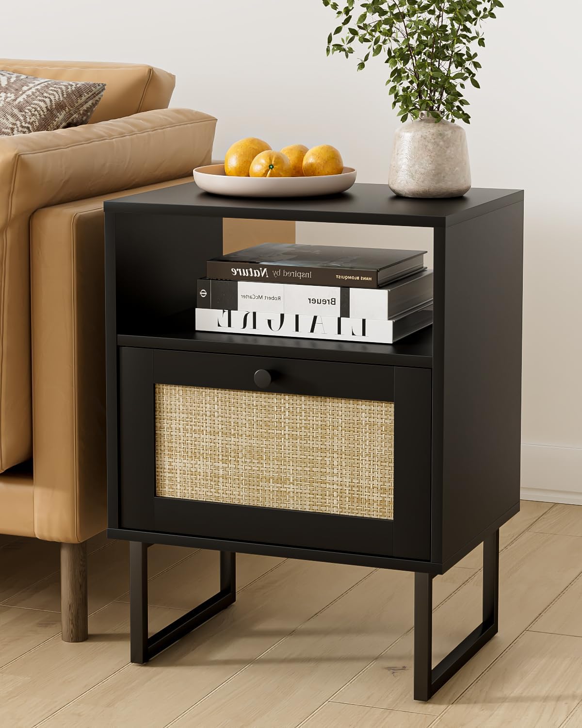 Rattan Nightstand,Modern Boho Farmhouse Wood Bedside Table with Storage Drawer and Open Shelf,Side End Table for Bedroom,Living Room,Black