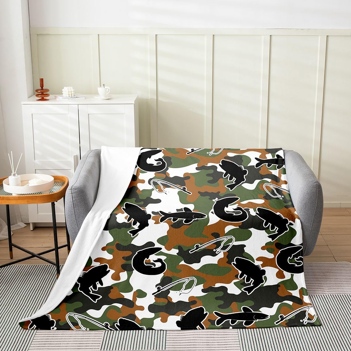 Loussiesd Basowa ryba pluszowy koc narzuta moro szczupak ryby polowanie flanelowy koc podwójny, 152 x 180 cm, kamuflaż, całoroczny, zielony kamuflaż, na kanapę, łóżko, sofę, do sypialni, dekoracja