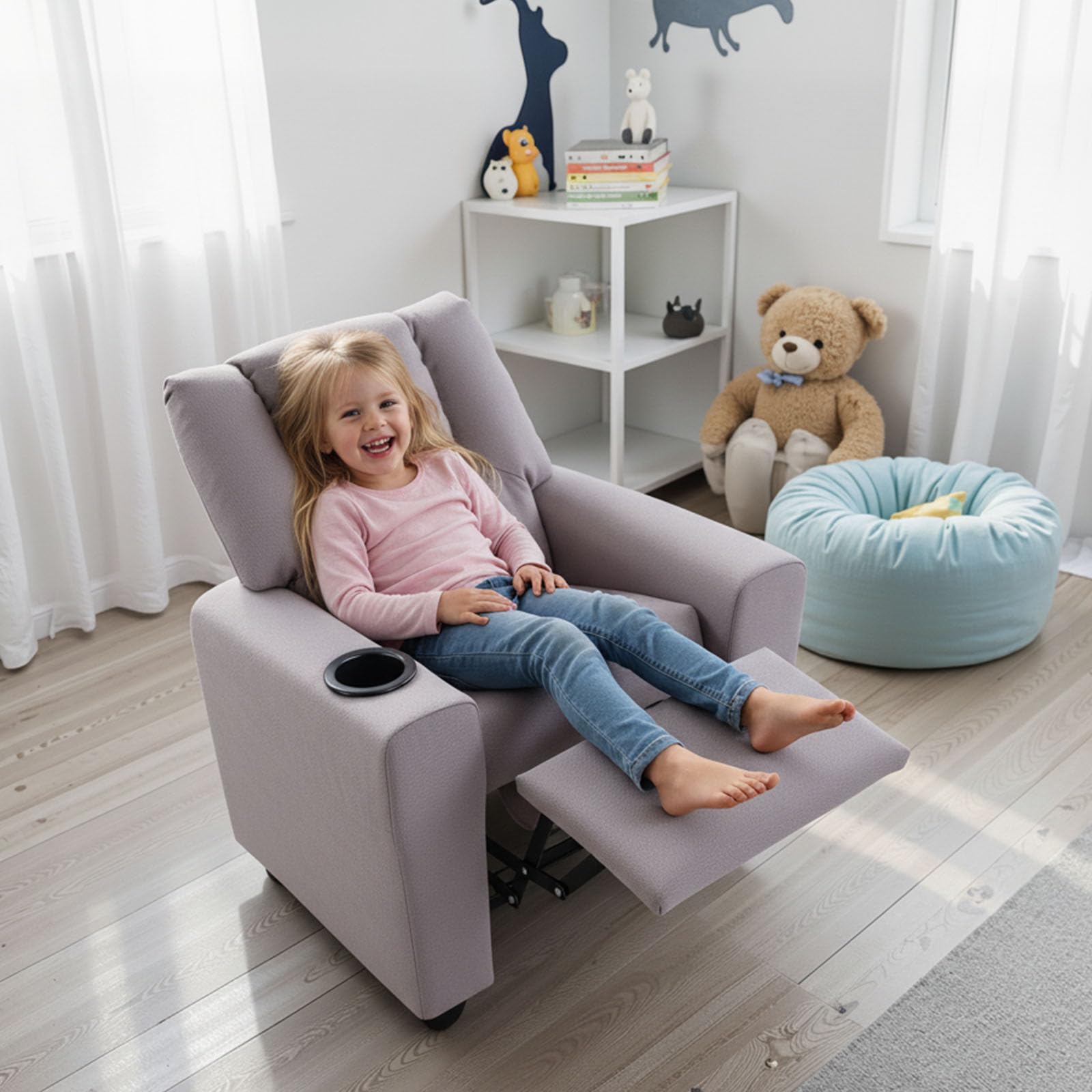 LIFEZEAL 2 en 1 Fauteuil Inclinable pour Enfants, Fauteuil pour 3 +Ans Garçons et Filles avec Repose-Pieds réglable et Porte-gobelet, Petit Canapé pour Chambres d'enfants, Salles de Jeux (Gris)